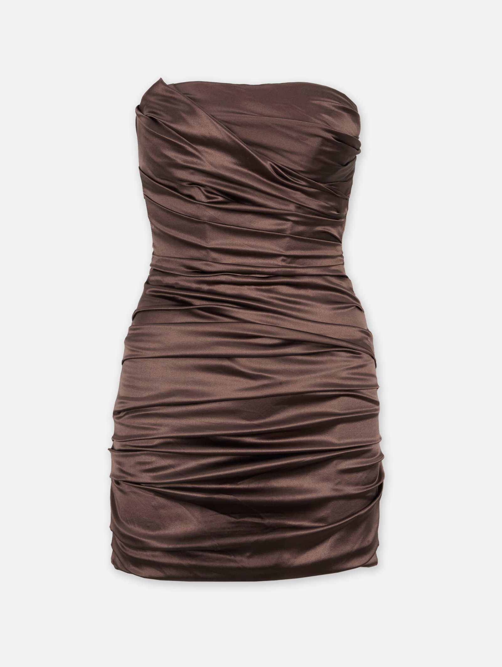 Dolce & Gabbana | Brown Satin Ruched Mini Dress: Dolce & Gabbana brown satin ruched mini dress. The chocolate brown dress is composed of silk and features a fitted bodice with asymmetrical pleating, a ruched body, and a tulip skirt. The back has a