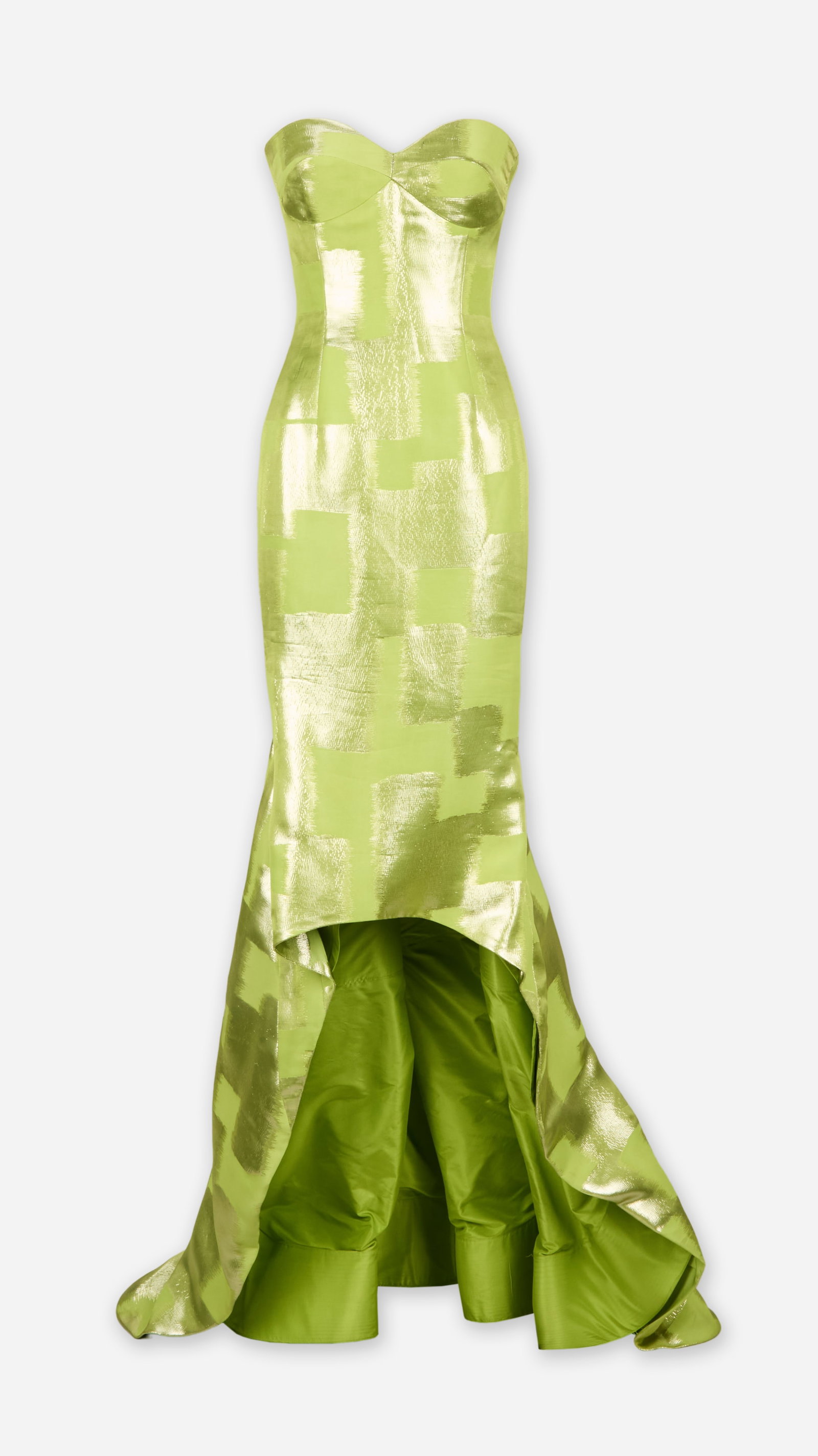 Oscar de la Renta | 2015 Chartreuse Brocade Gown: Oscar de la Renta strapless chartreuse brocade green evening gown from the 2015 collection from the archives of Cameron Silver. The dress features a fitted, corset-inspired silhouette with a