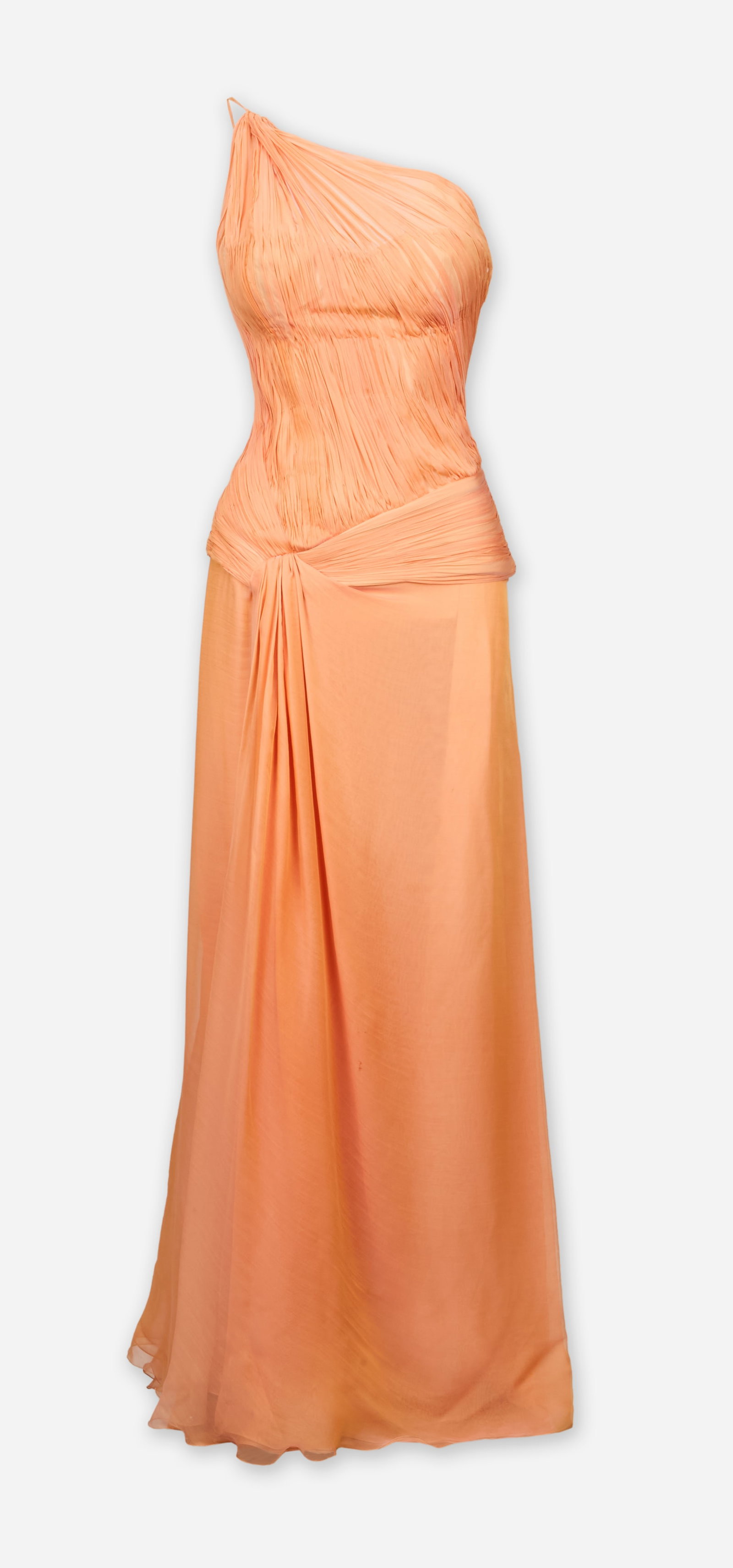 Roberto Cavalli | 2006 Spring Runway Orange Silk Chiffon Gown: Roberto Cavalli orange silk chiffon evening gown featuring the hand gathered chiffon and light orange coloring featured in the 2006 spring ready to wear collection. The gown features asymmetrical