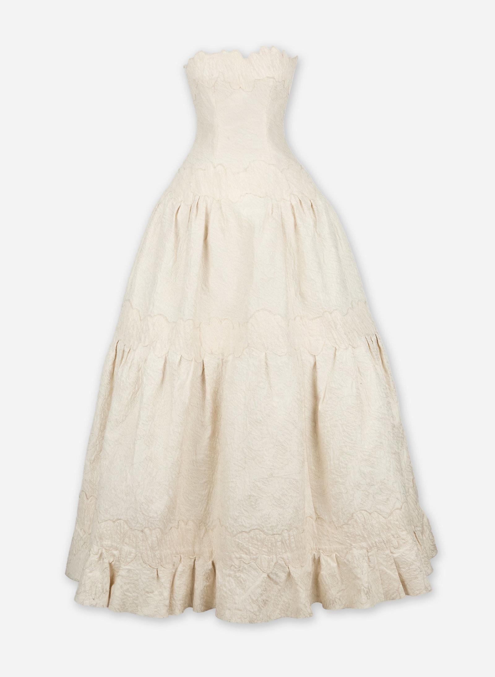 Rochas | 2003- 2004 Olivier Theykens Organzine Shantung Silk Wedding Gown: This is an unlabeled Rochas by Olivier Theykens organzine shantung silk wedding gown from the collection of Cameron Silver, circa 2003-2004. A strapless bodice with scallop edging at the neckline goin