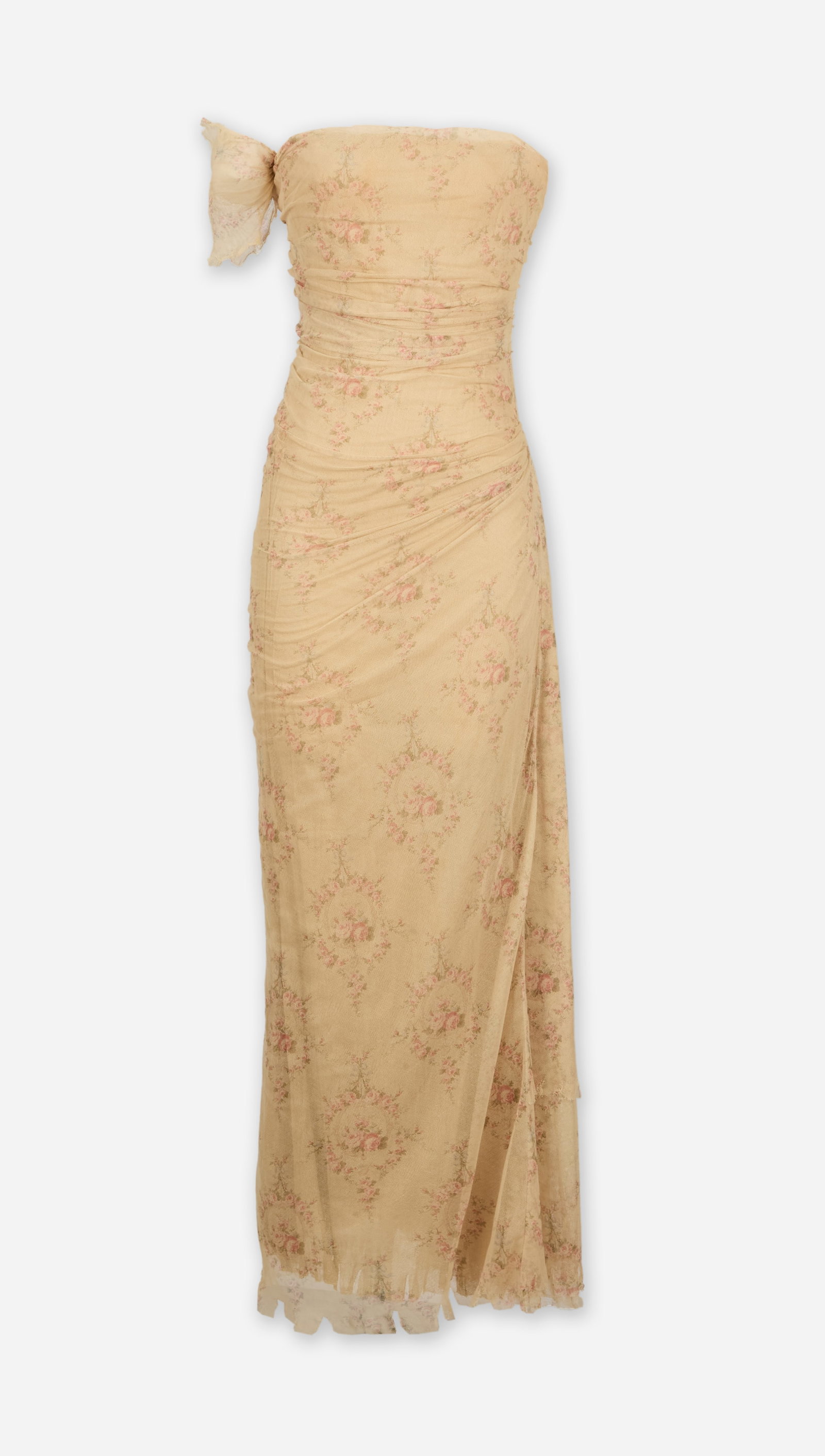 Calista Flockhart | 2003 Golden Globes Ralph Lauren Collection Gown: A spring 2003 rose patterned cotton tulle evening gown designed by Ralph Lauren and worn by Calista Flockhart to the Golden Globe Awards, January 19, 2003. Click here for image. The dress was