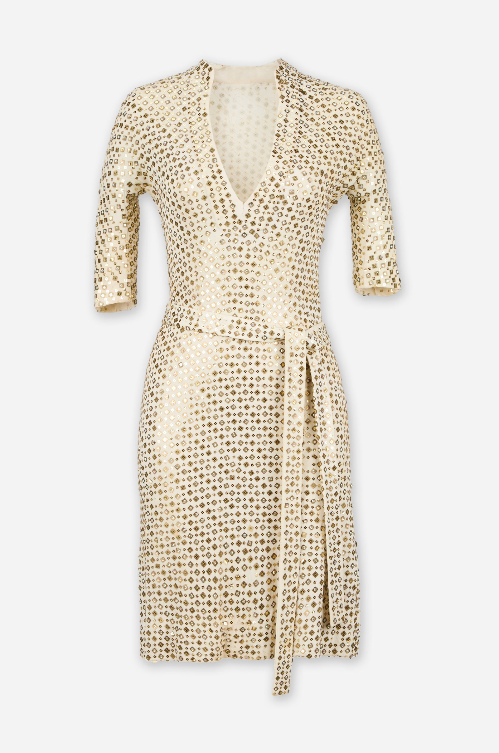 Calista Flockhart | 2001 SAG Award Badgley Mischka Dress: A cream matte jersey sequin evening dress designed by Badgley Mischka from the spring 2001 ready to wear collection, (look 6), modeled by Frankie Rayder. Click here for image. This dress was worn by