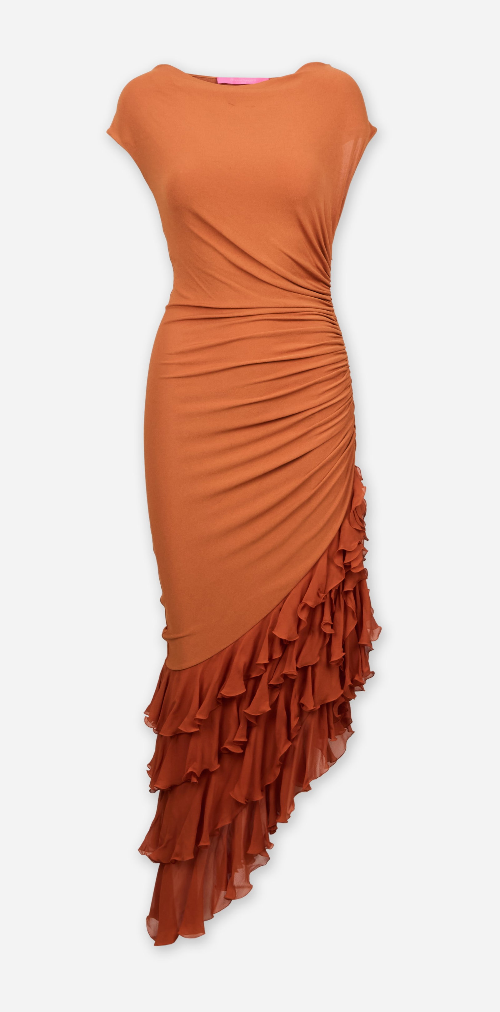 Ungaro | 2002 Spring Runway Orange Evening Dress, Asymmetric Gathered, Ruffle Tiered Hem: A Giambatista Valli for Ungaro burnt orange hue evening dress from the 2002 spring ready to wear collection. This evening design is composed of a matte jersey, sleeveless, high neckline, asymmetric