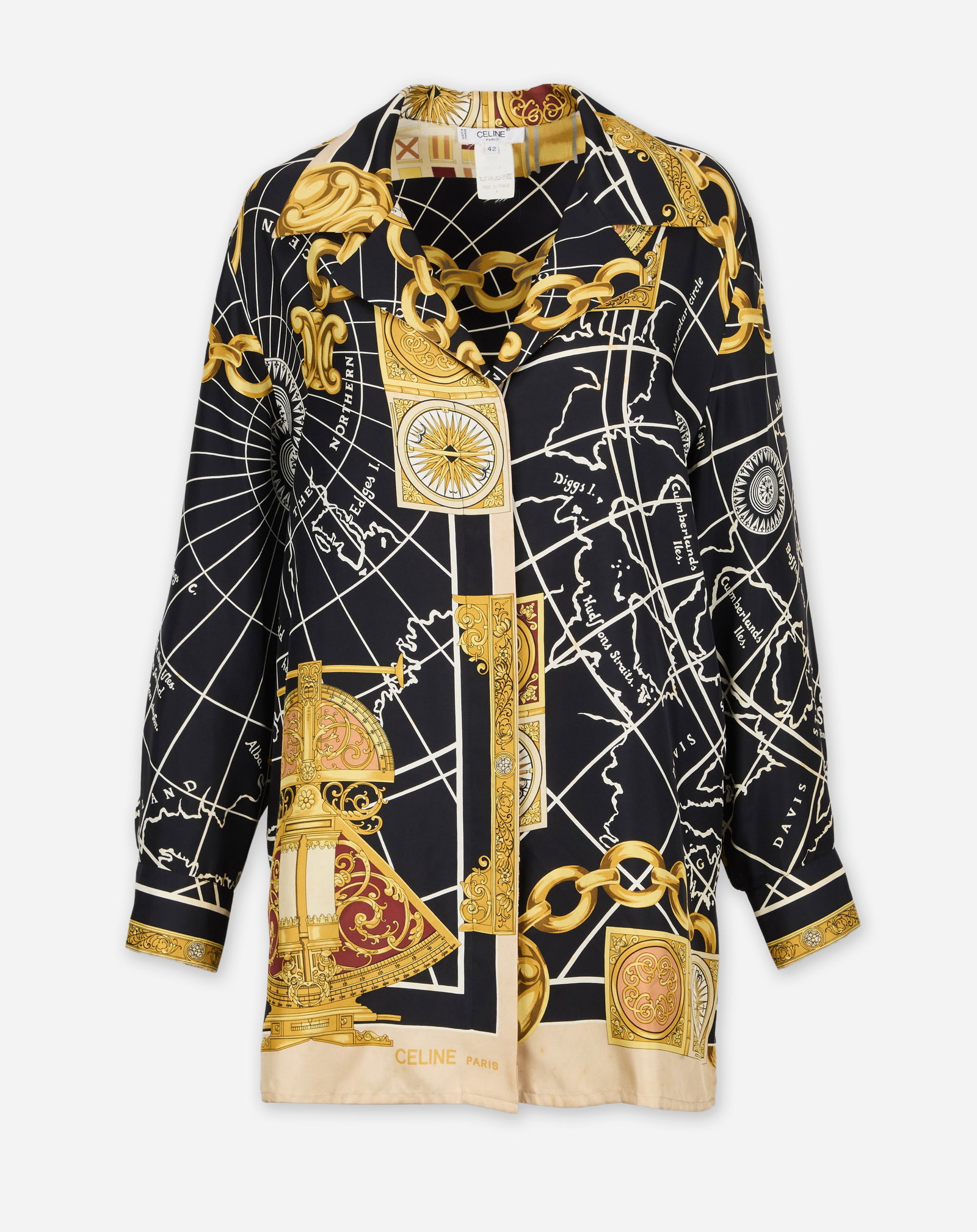 Céline | Map Print Dress Shirt: This is a Celine Paris silk dress shirt with nautical, map print. The shirt features a vintage nautical map print accented with ornate gold chains, compass medallions, and baroque motifs on a black