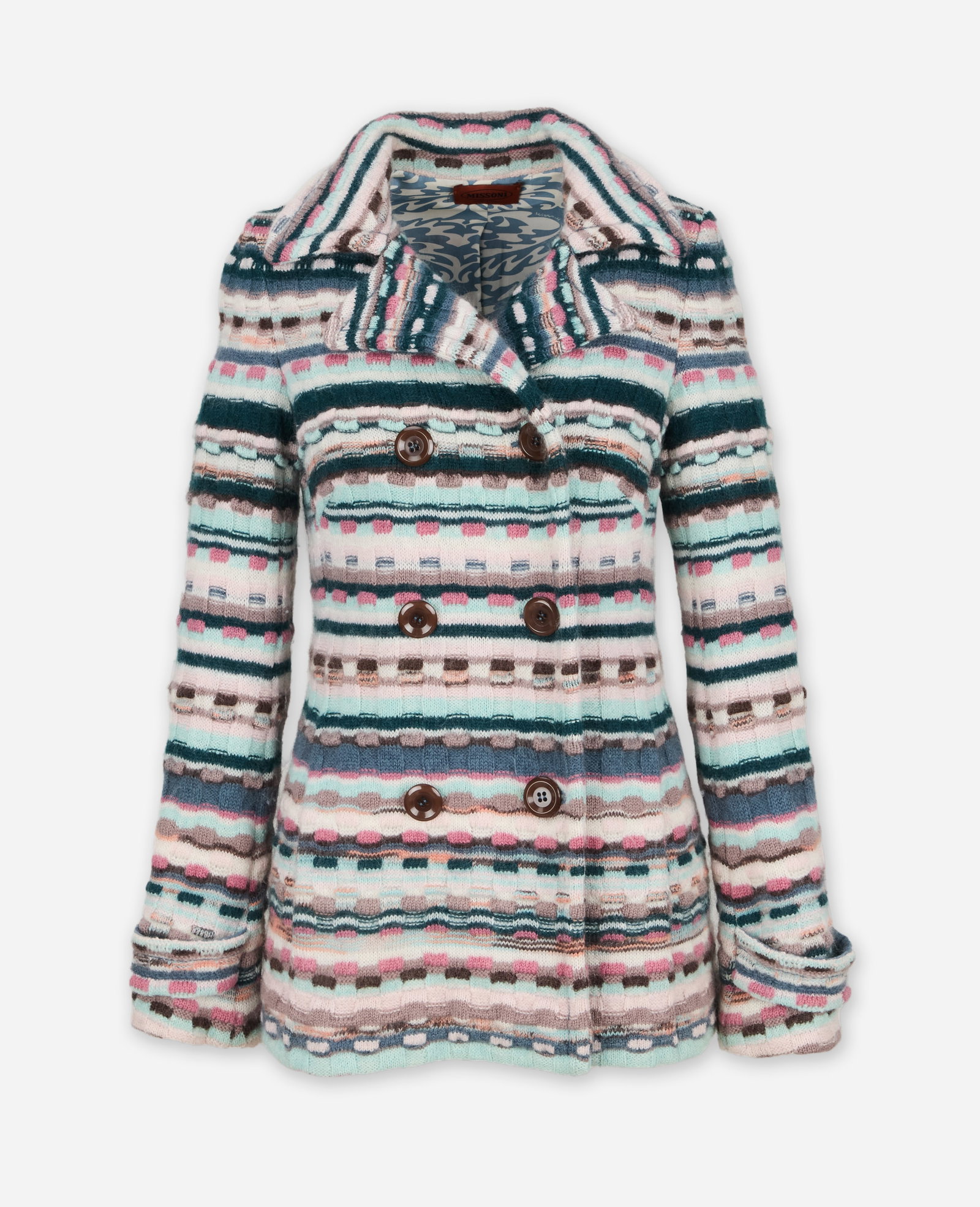 Missoni | Knit Jacket: Missoni double-breasted knit jacket from the collection of Cameron Silver. The jacket is composed of a wool blend and features multicolored stripes in soft pastel tones, a wide collar, and a double-br