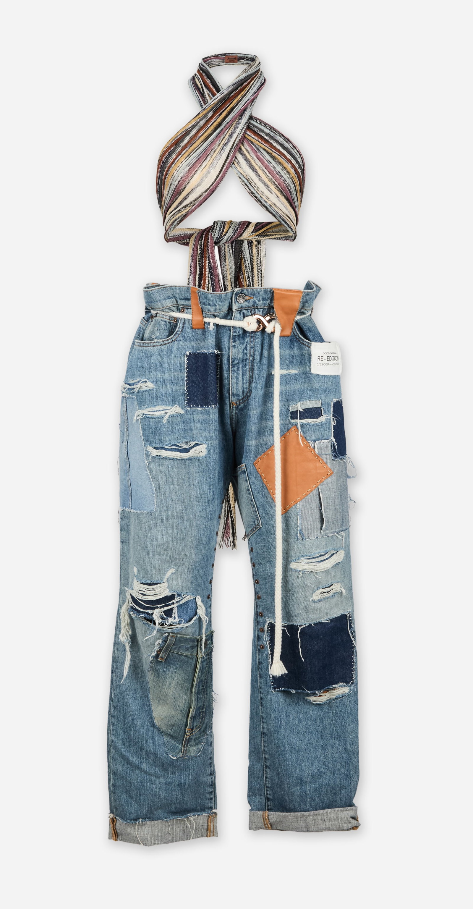 Designer Ensemble | Dolce & Gabbana Denim, Missoni Scarf, and Faraone Mennella Belt: The three-piece ensemble comes with Dolce & Gabbana patchwork straight jeans, a Missoni knit scarf, and a Faraone Mennella infinity rope belt from the collection of Cameron Silver. The Dolce &