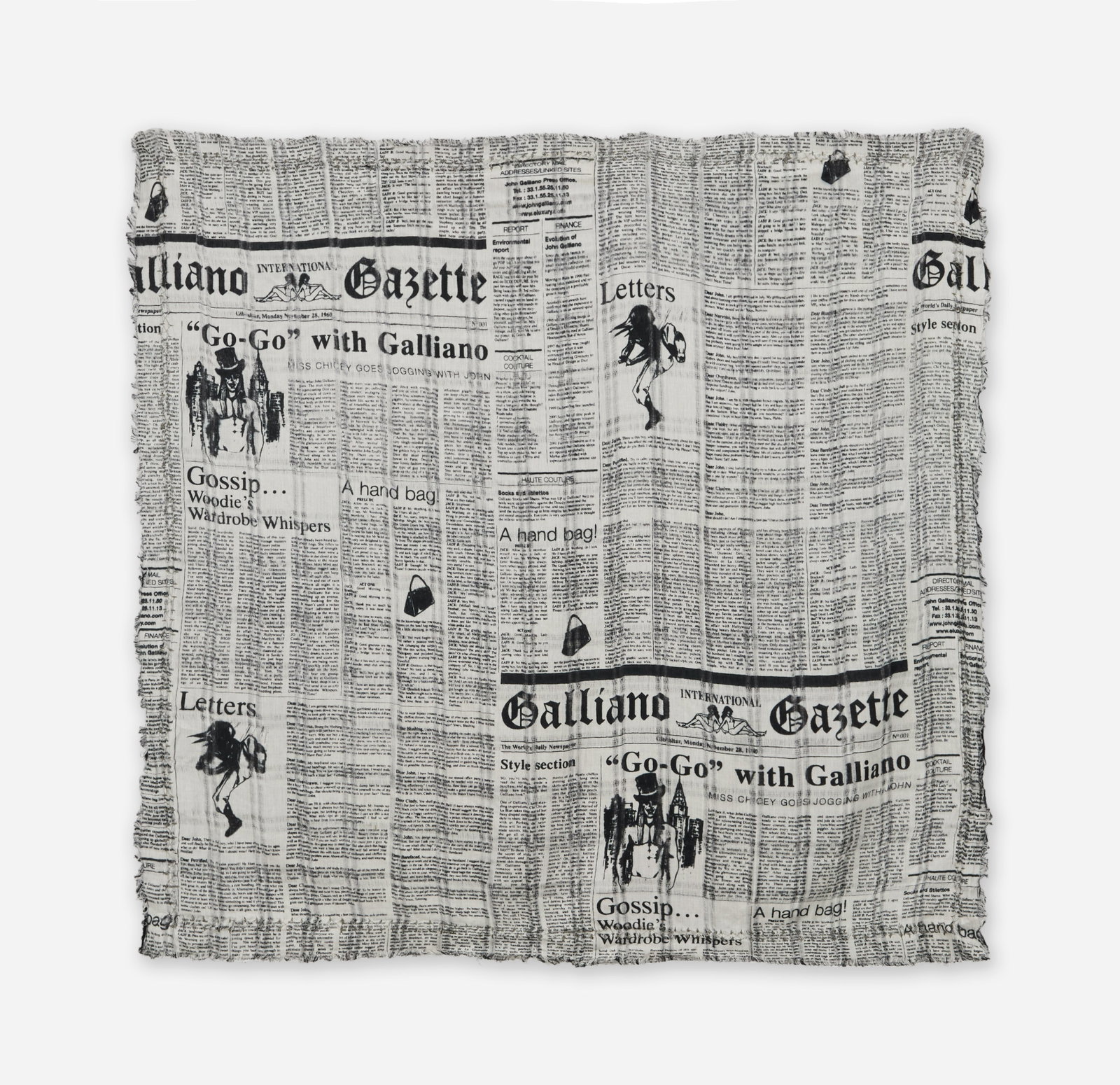 John Galliano | Gazette Newsprint Print Scarf: A John Galliano gazette newsprint print scarf from the collection of Cameron Silver. A layered 100% cotton scarf with the top being a grey cotton featuring the famous John Galliano gazette motif. The 