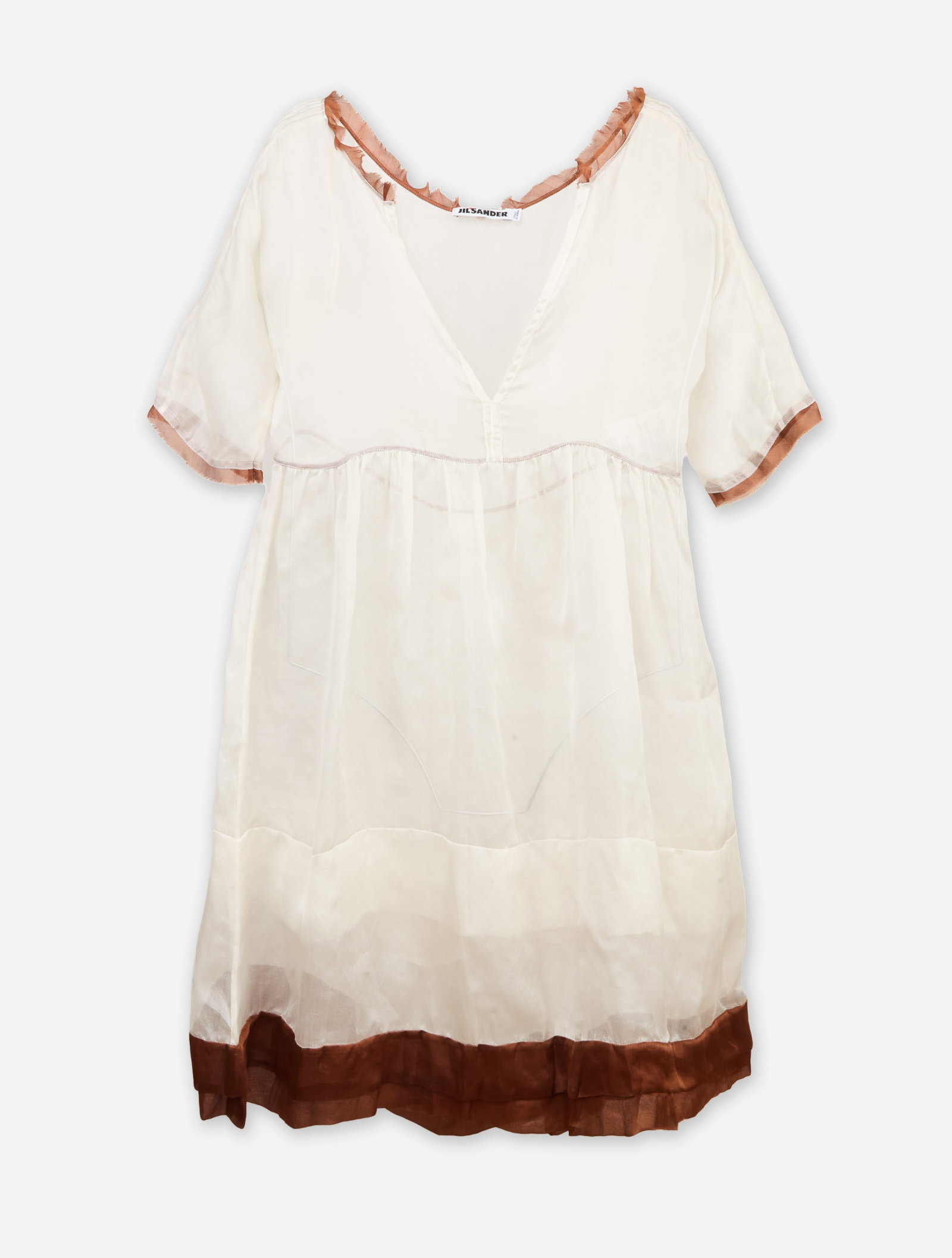 Jil Sander | Sheer White Organza Tunic: Jil Sander sheer white organza tunic. The sheer white mini dress features a deep V-neckline, empire waist, and relaxed A-line silhouette. The dress is accented with raw-edge contrasting brown trim at