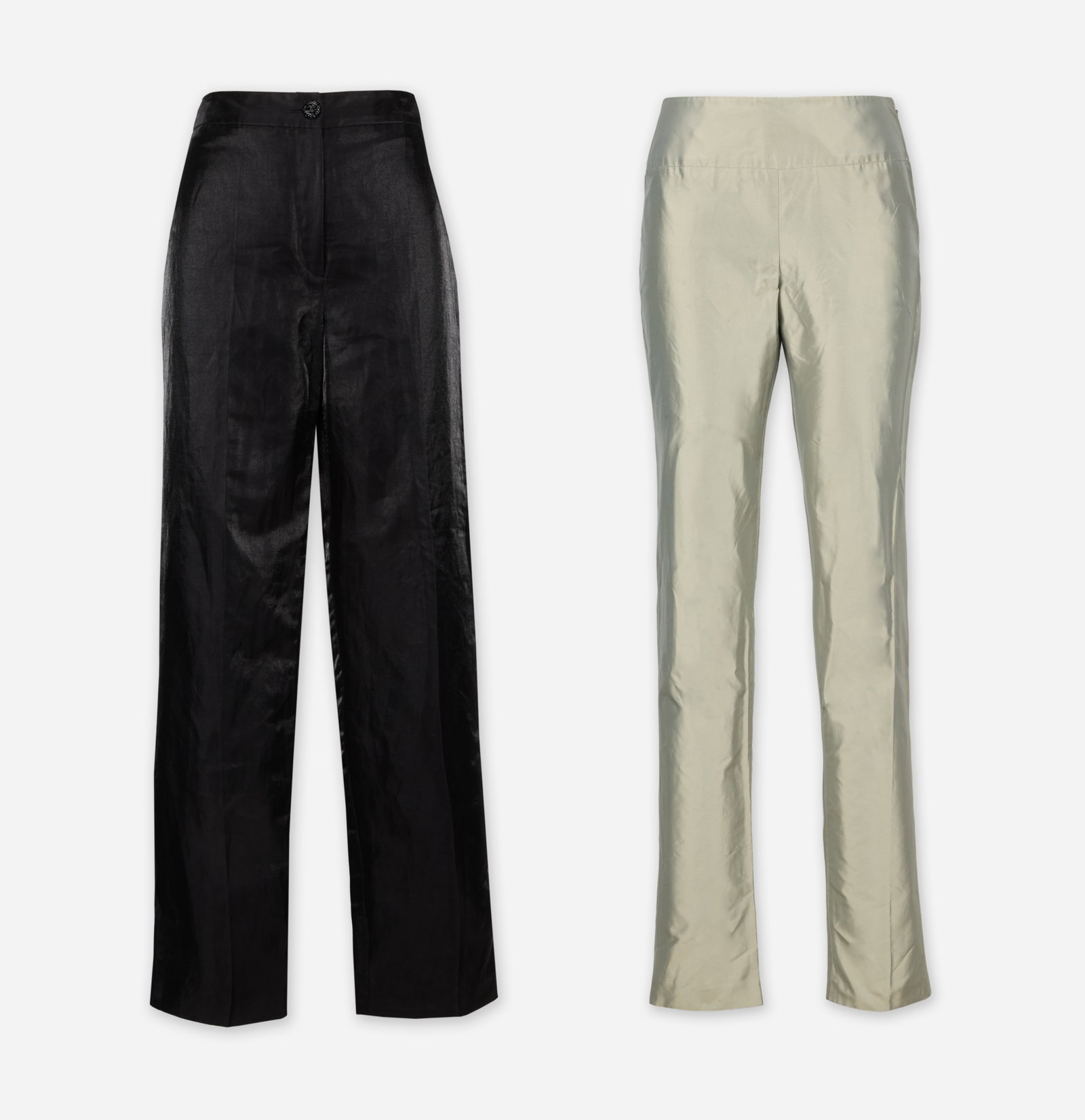 Designer Pants | Chanel, Gucci Collection Pants: Two pairs of designer pants, one black designed by Karl Lagerfeld for Chanel, circa 2009, and one champagne hue silk pant designed by Tom Ford for Gucci, circa 1996. Black high-waisted trousers
