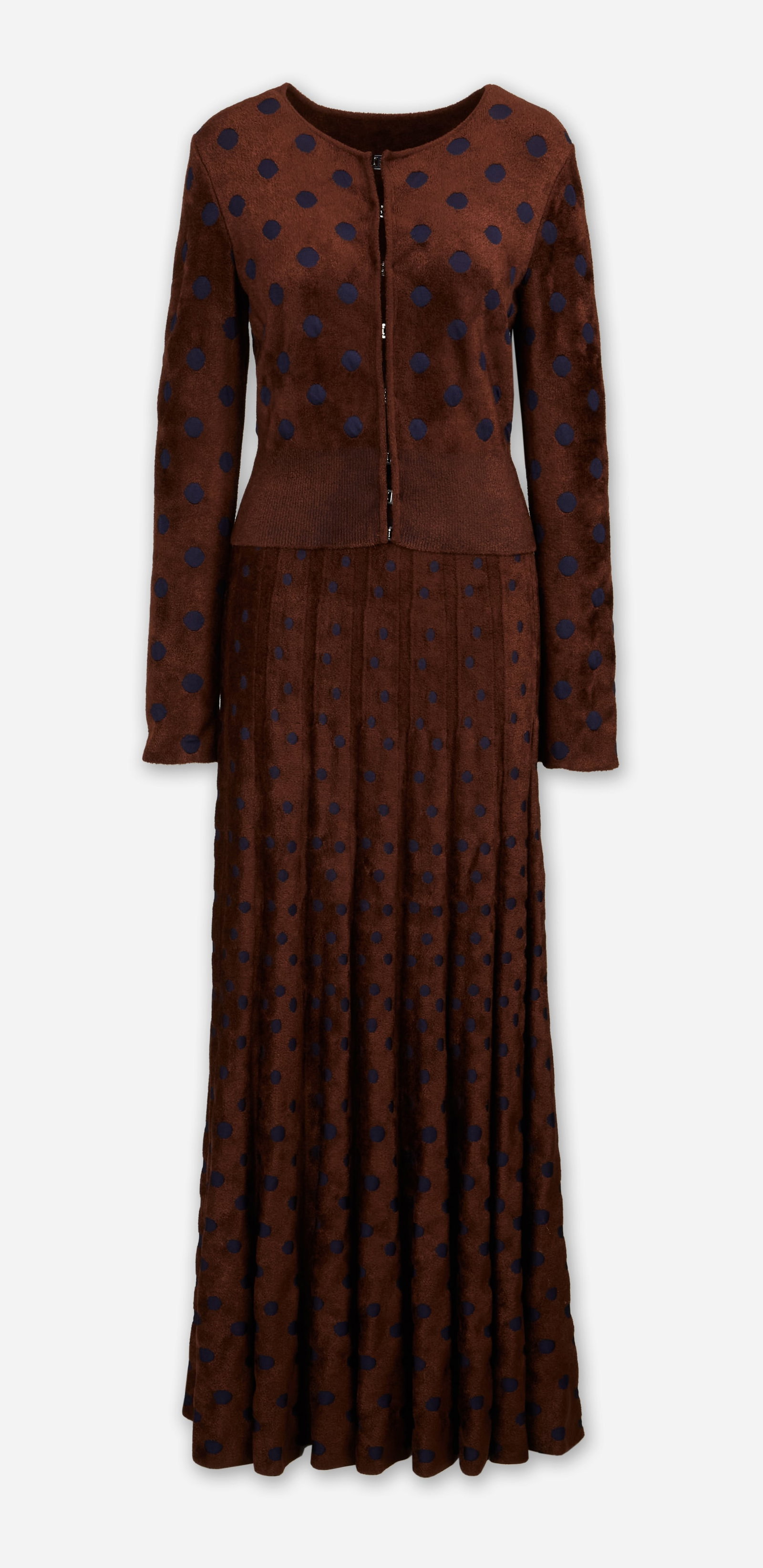 Alaia | 2000 Spring Brown Polka Dot Chenille Knit Ensemble: Alaia two-piece knit ensemble sweater and maxi-skirt designed by Azzedine Alaia for his spring/summer 2000 collection. A two-piece brown chenille knit ensemble cardigan and maxi skirt with an
