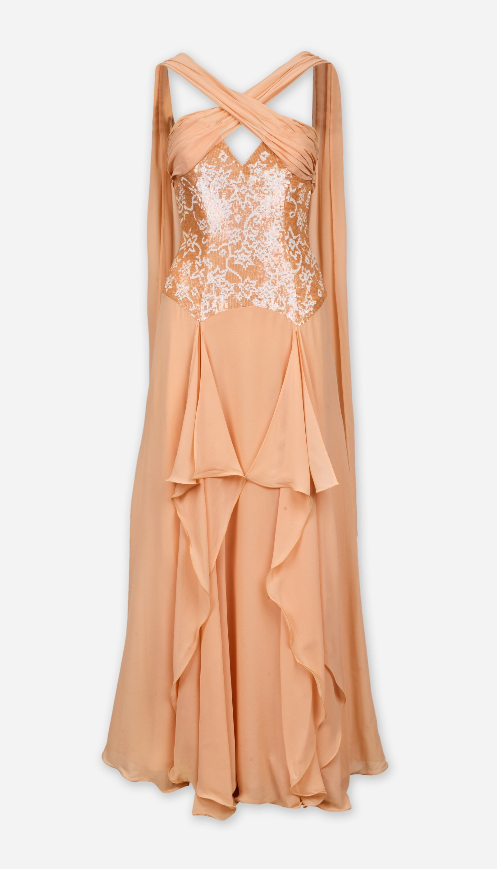Escada | 2000s Couture Pastel Apricot-Hue Chiffon Beaded Gown: An Escada Couture apricot hue evening gown with patterned sequin bodice featuring a floral motif circa 2000s. The design showcases a boned strapless bodice with iridescent stacked sequins with a