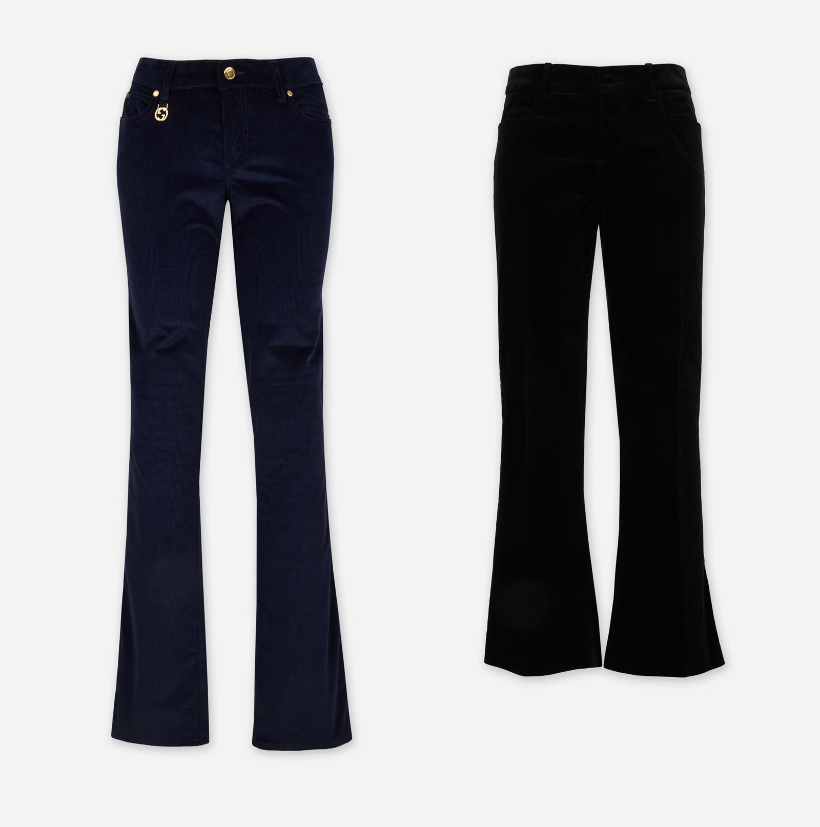 Gucci | 2000's Two Velvet Pants: Two pairs of Gucci velvet pants cera 2000s. First, velvet corduroy dark navy slim-fit pants composed of cotton with a mid-rise waist, five-pocket construction, gold-tone button and rivet hardware, a