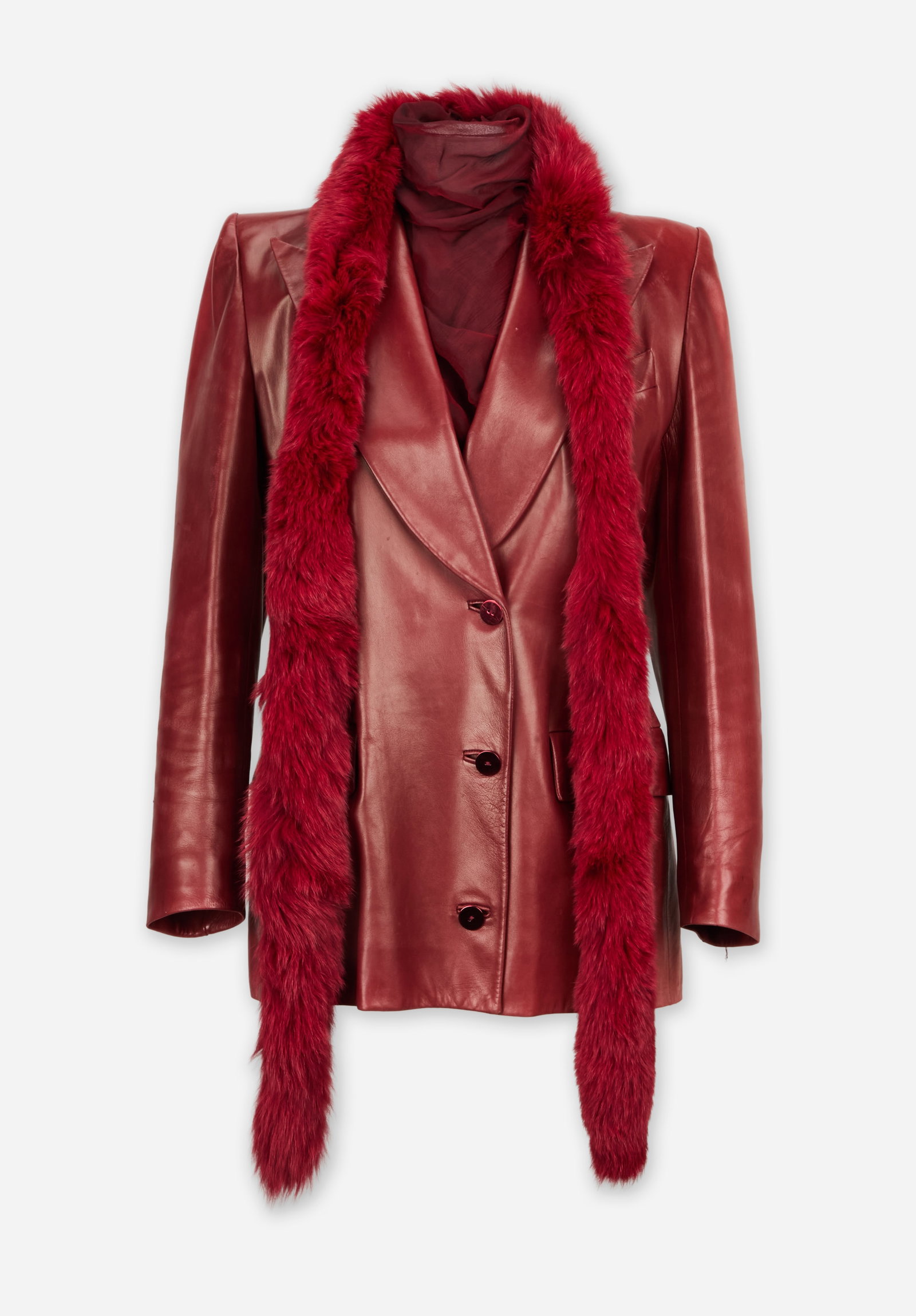 Givenchy | 1998 Fall "Blade Runner" Three-Piece Ensemble: Givenchy three-piece ensemble featuring a red leather blazer, shirt, and fur scarf from the Fall/Winter 1998 Ready-to-Wear Collection. The blazer was modeld on the runway in blue. Click here for