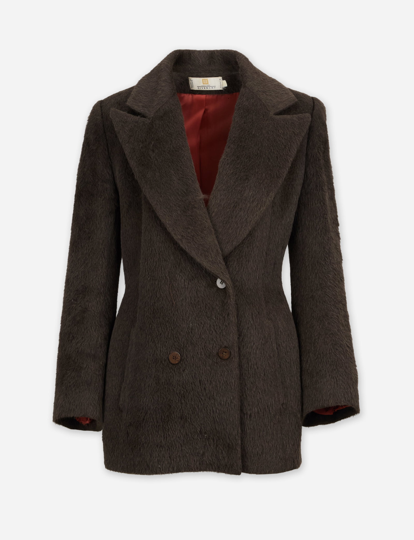 Givenchy | 1997 Pre-Fall Double Breasted Alpaca Coat: Givenchy grey alpaca blend fur coat from the 1997 Pre-Fall Collection. A gray double-breasted hip-length coat composed of 70% alpaca and 30% laine wool. The coat features wide notch lapels, a