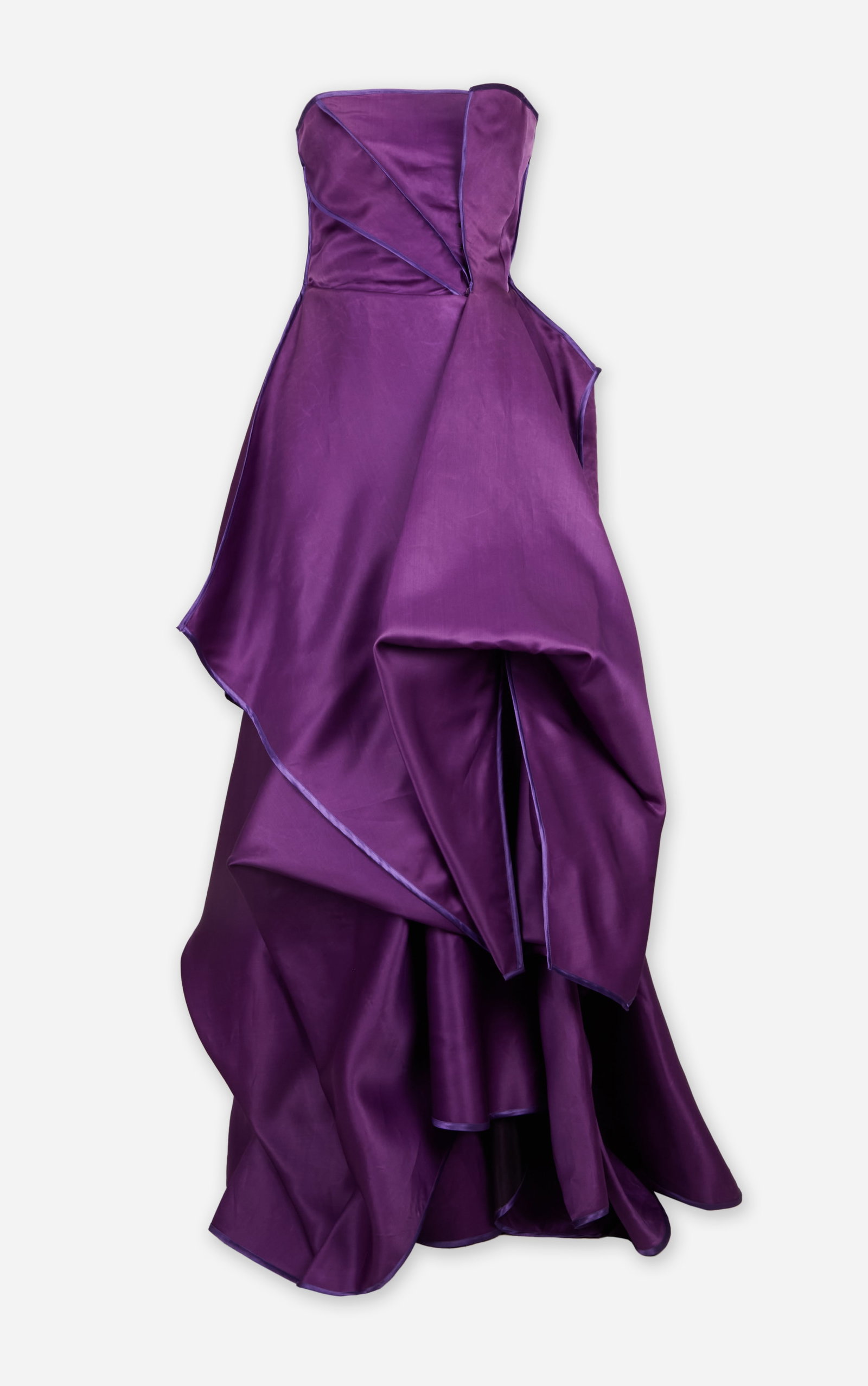 Christian Lacroix | Purple Silk Gown: Christian Lacroix purple silk gown from the collection of Cameron Silver. Strapless evening gown crafted from silk taffeta and purple satin, featuring a sculptural, architectural silhouette. The strap