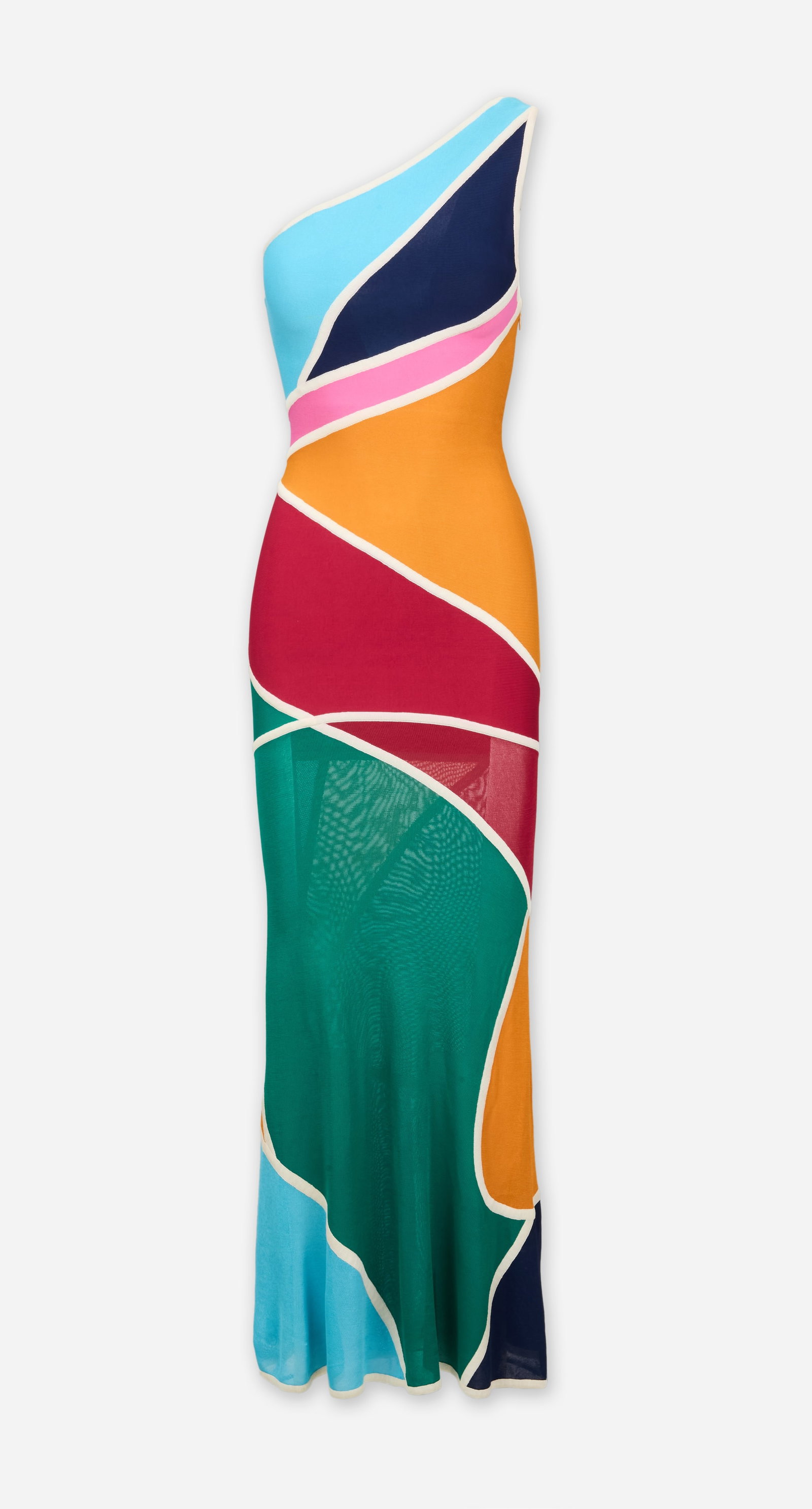Hervé Léger | 1998 Spring Runway Color Block Gown: An Hervé Léger rainbow geometric patterned bodycon knit evening gown designed by founder Herve Leroux for the spring 1998 runway collection. Click here for image. The sleeveless gown