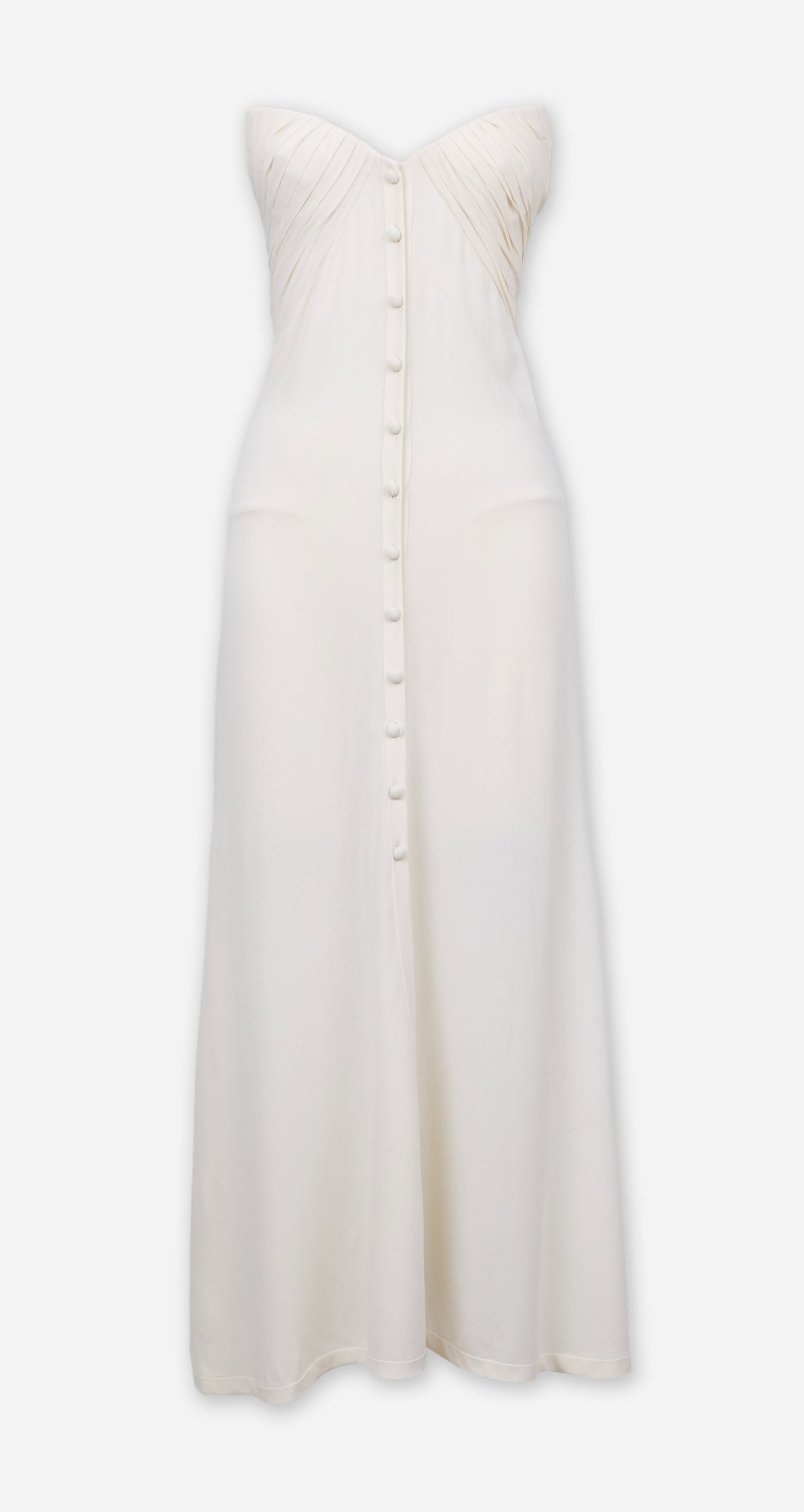 Gianni Versace | 1996 Spring/Summer Strapless Wedding Gown: A strapless silk crepe off-white strapless gown from spring/summer 1996 Versace runway collection, (look 22), modeled by Linda Evangelista. Click here for image. A Similar design dress was worn by