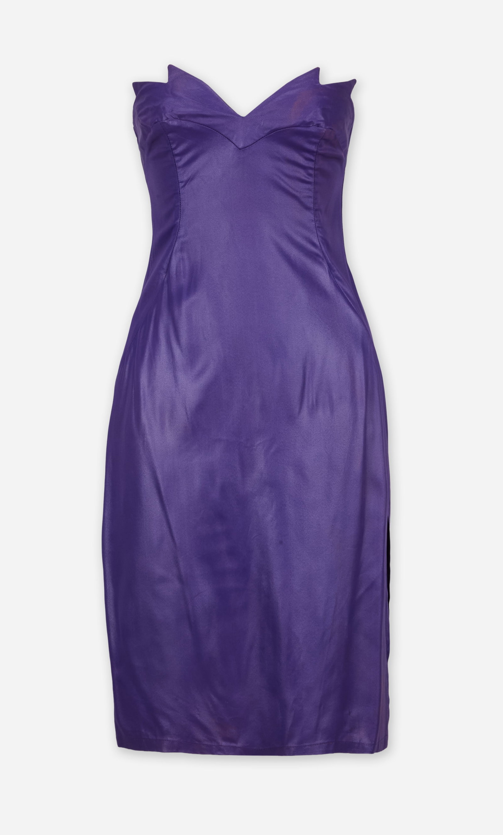 Yvon & Marzia | Purple Strapless Midi Dress: Yvon & Marzia Paris strapless midi dress from the collection of Cameron Silver. The purple dress features a sculpted sweetheart neckline with pointed peaks and a fitted bodice. Contoured princess