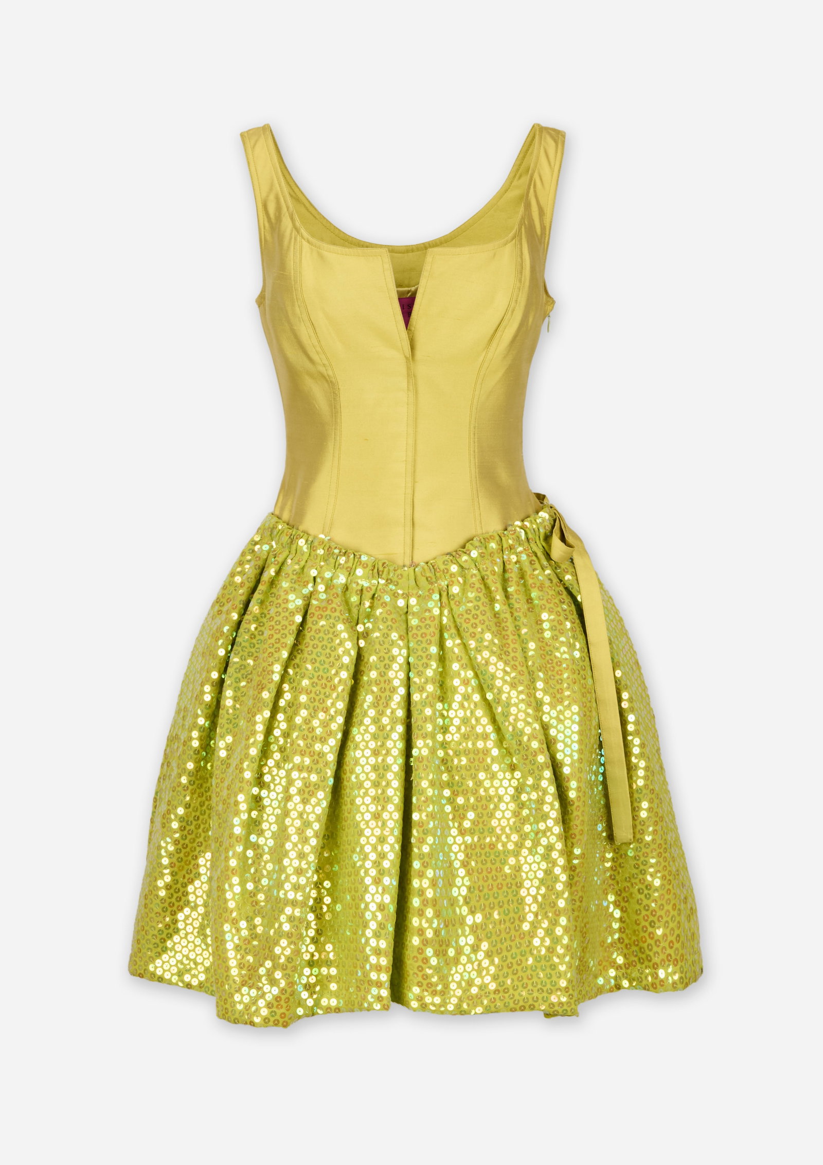 Christian Lacroix | Cocktail Dress: Christian Lacroix yellow cocktail dress from the collection of Cameron Silver. The dress features a structured, corset-inspired bodice with a scoop neckline and contoured princess seams. The dropped w