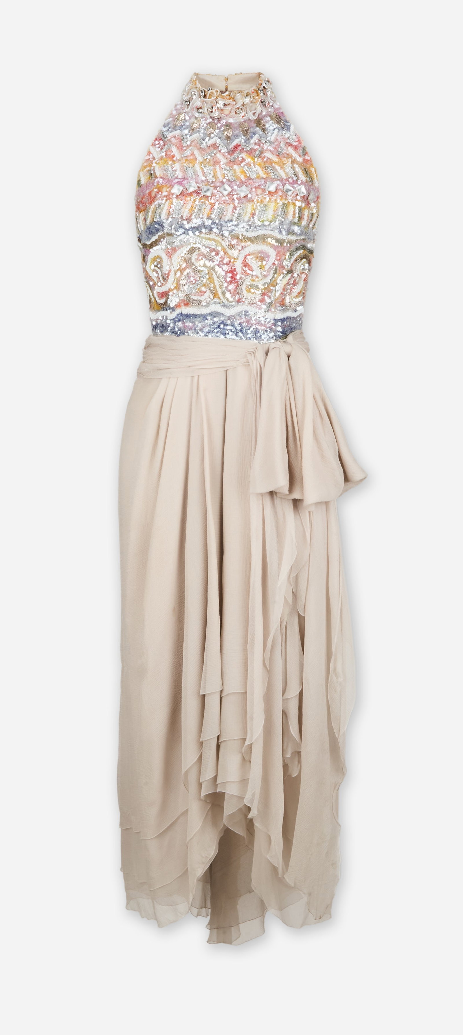 Jean Louis Scherrer | 1992 Haute Couture Embellished Halter Dress: Jean Louis Scherrer Haute Couture embellished halter evening gown circa 1992 from the collection of Cameron Silver. Campagne-tone dress composed of silk chiffon featuring a high halter neckline and a