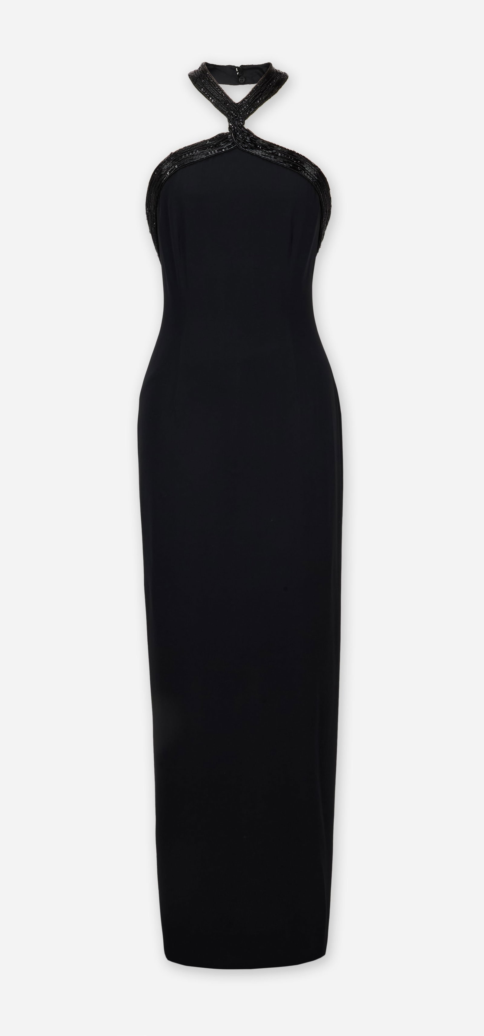 Giorgio Armani | Halterneck Gown: A Giorgio Armani black silk chiffon halter dress. This is a minimalist design with a streamlined silhouette with a fitted bust, defined waist, rounded hips, going into a straight skirt. The back hemli