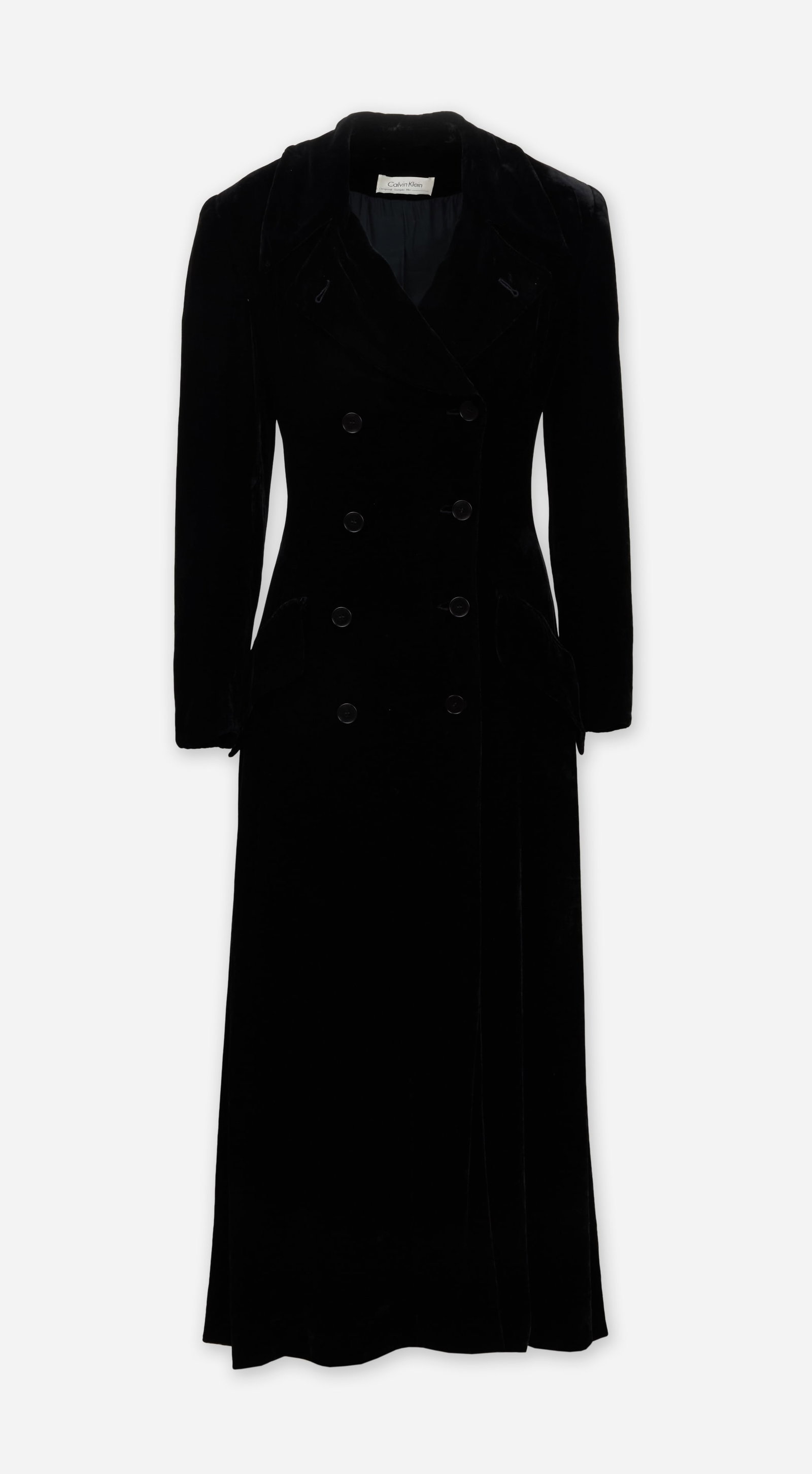 Carolyn Bessette Kennedy | 1993 Calvin Klein Fall Collection Velvet Coat, Sample: A Calvin Klein Collection fall 1993 collection sample, black velvet coat belonging to Carolyn Bessette-Kennedy. The minimalist design is composed of a black velvet, double-breasted closure, features