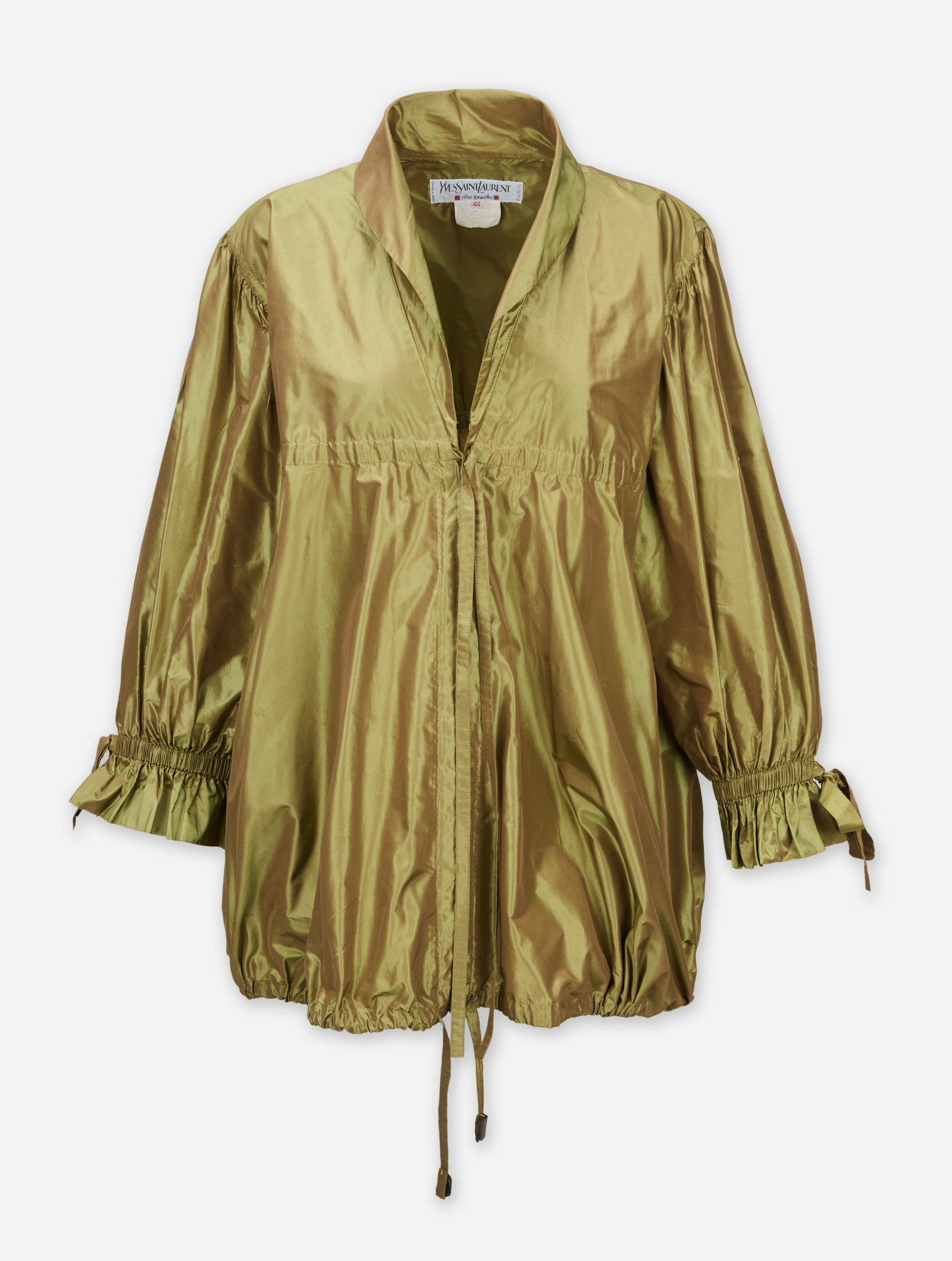 Yves Saint Laurent | 1992 Spring Rive Gauche Iridescent Taffeta Jacket: An iridescent olive-green taffeta jacket designed by Yves Saint Laurent for his spring 1992 Rive Gauche ready-to-wear collection. The voluminous jacket features a center zip closure, fold over