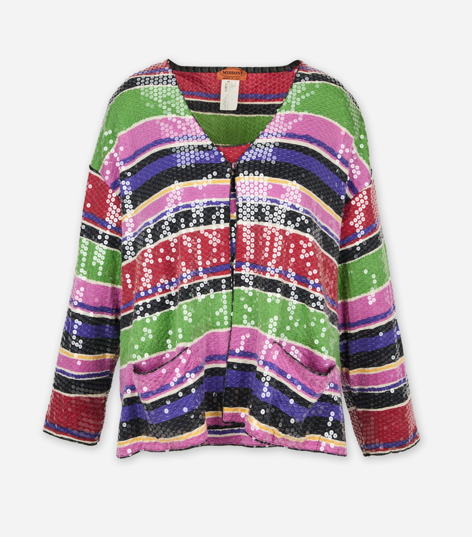 Missoni | 1980's Sequin Patterned Two-Piece Jacket and Top: Missoni sequin patterned two-piece ensemble featuring a jacket and top cera 1980's from the collection of Cameron Silver. The ensemble is composed of 100% silk featuring a vibrant multicolor