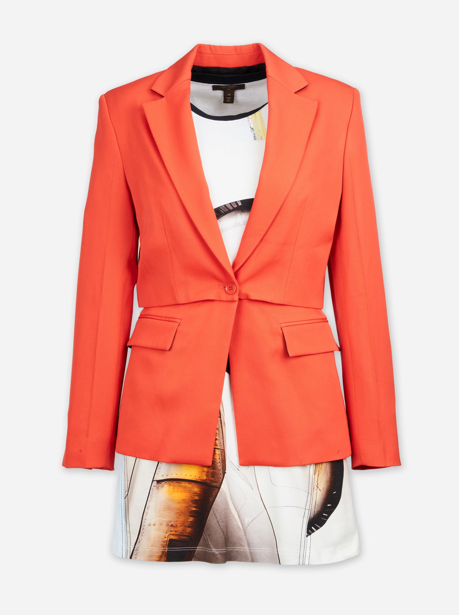 Designer Ensemble | 2016 Louis Vuitton Graphic Print T-Shirt and JW Anderson Red Wool Blazer: A lot with two-piece designer garments one Louis Vuitton graphic print t-shirt circa 2016 and a cherry-red blazer with cutouts designed by JW Anderson. The Louis Vuitton t-shirt designed by Nicolas