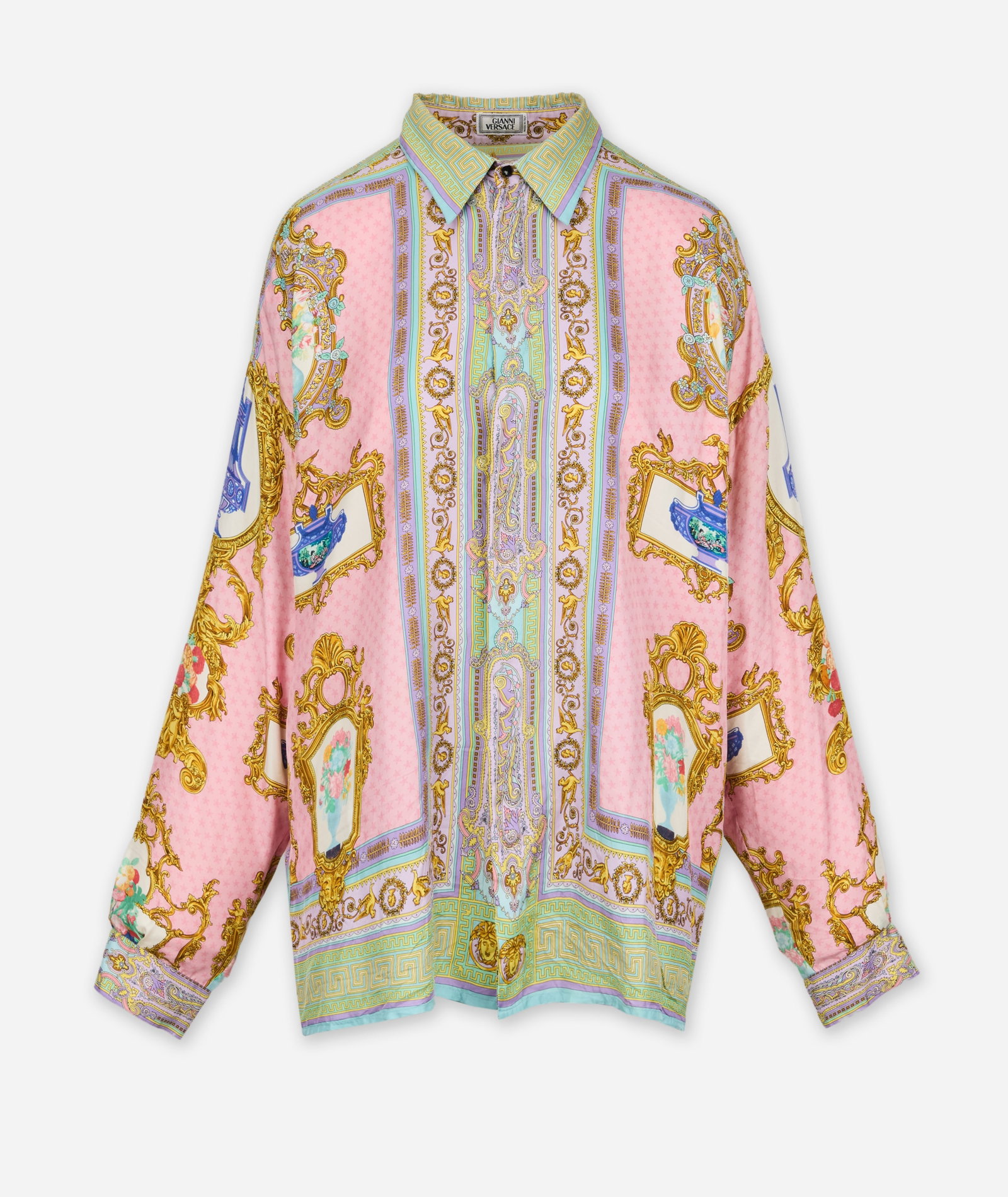 Gianni Versace | Silk Patterned Dress Shirt: Gianni Versace silk patterned dress shirt from the collection of Cameron Silver. The pink silk shirt features an ornated Versace-style baroque print with glided scrollwork, Greco-key borders, floral