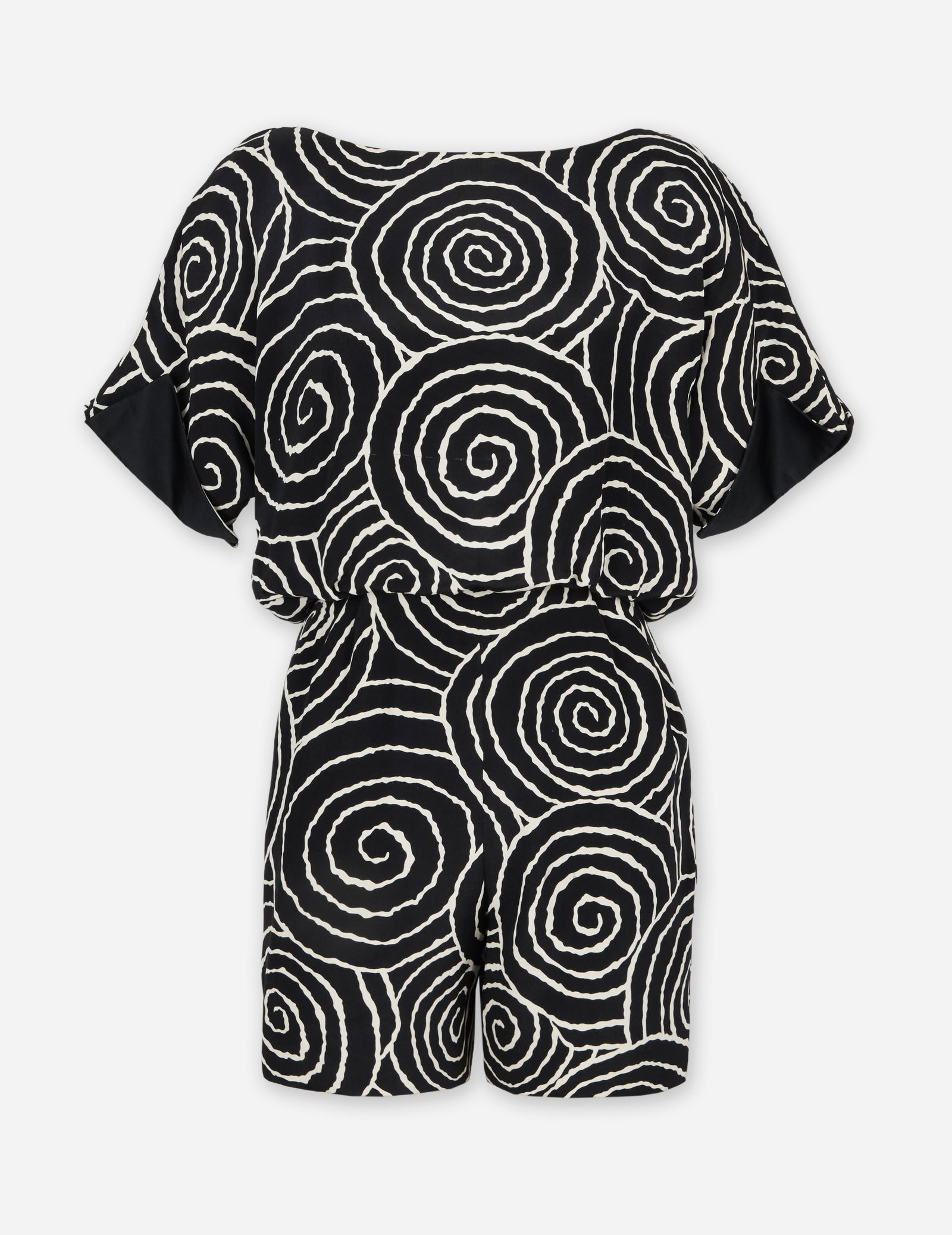 James Galanos | Black and White Spiral Print Playsuit: James Galanos black and white spiral print playsuit from the collection of Cameron Silver. Short-sleeve playsuit featuring a bold black and white spiral print throughout. Designed with a round