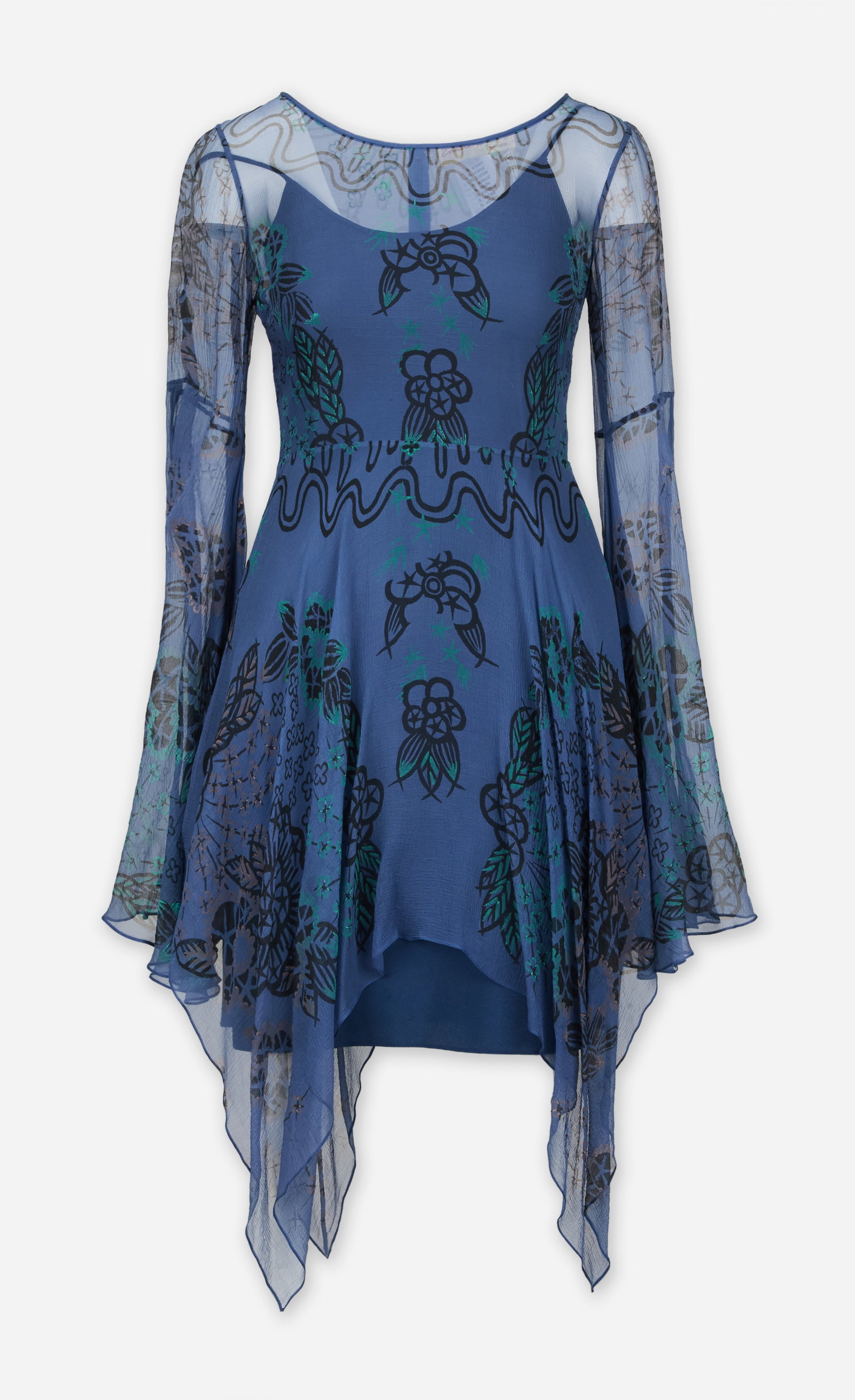 Zandra Rhodes | 1988 Fantastic Flower Garden Painted Silk Evening Dress: Zandra Rhodes 1988 painted silk evening dress featuring the Fantastic Flower Garden print from the archives of Cameron Silver. The dress is composed of 100% silk. The dress is semi sheer featuring an