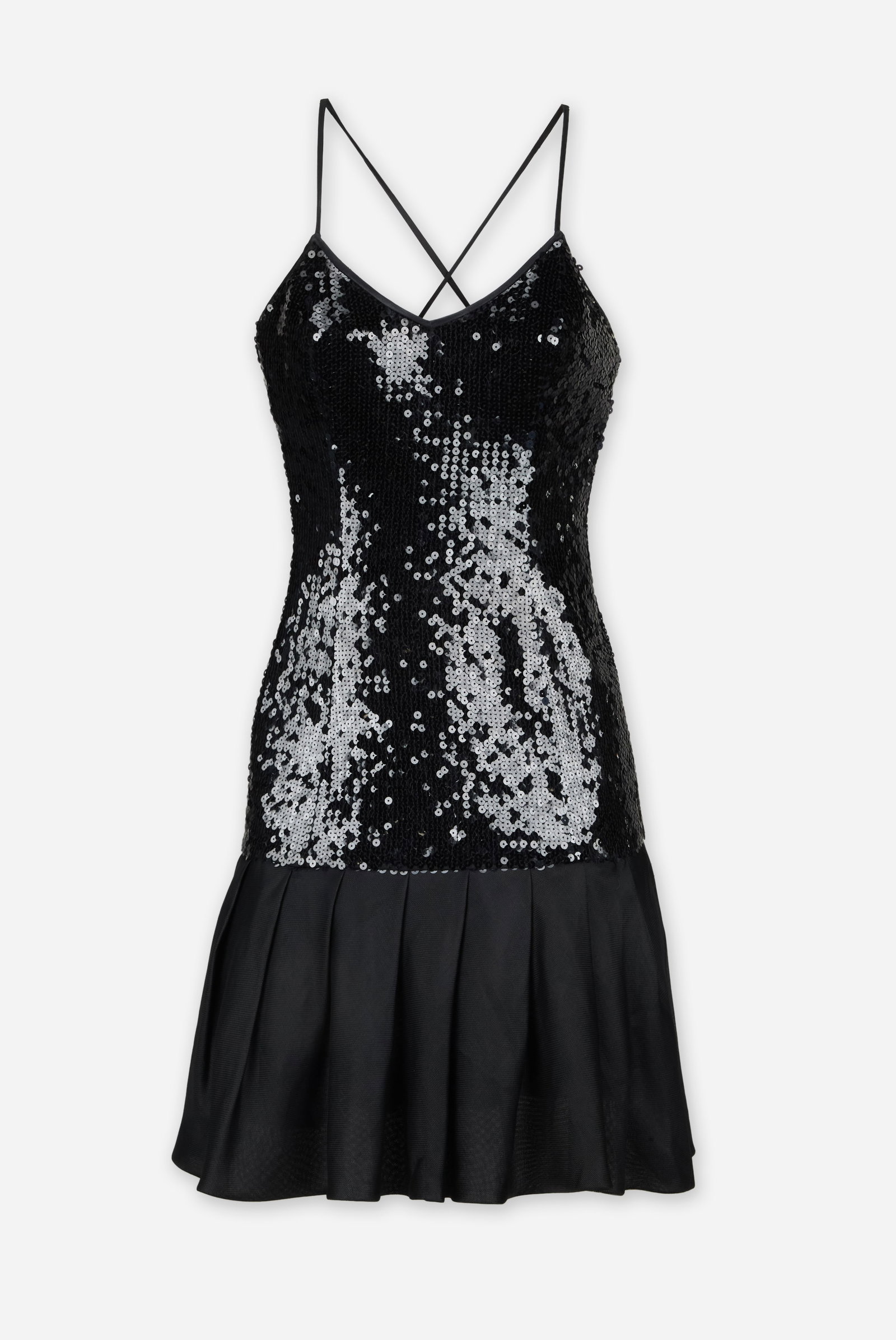 Ungaro Parallele | Black Sequin Cocktail Dress: Ungaro Parallele Paris black sequin flounce-hem dress from the collection of Cameron Silver. Black cocktail dress featuring a fitted silhouette with a V-neckline and spaghetti straps that cross at