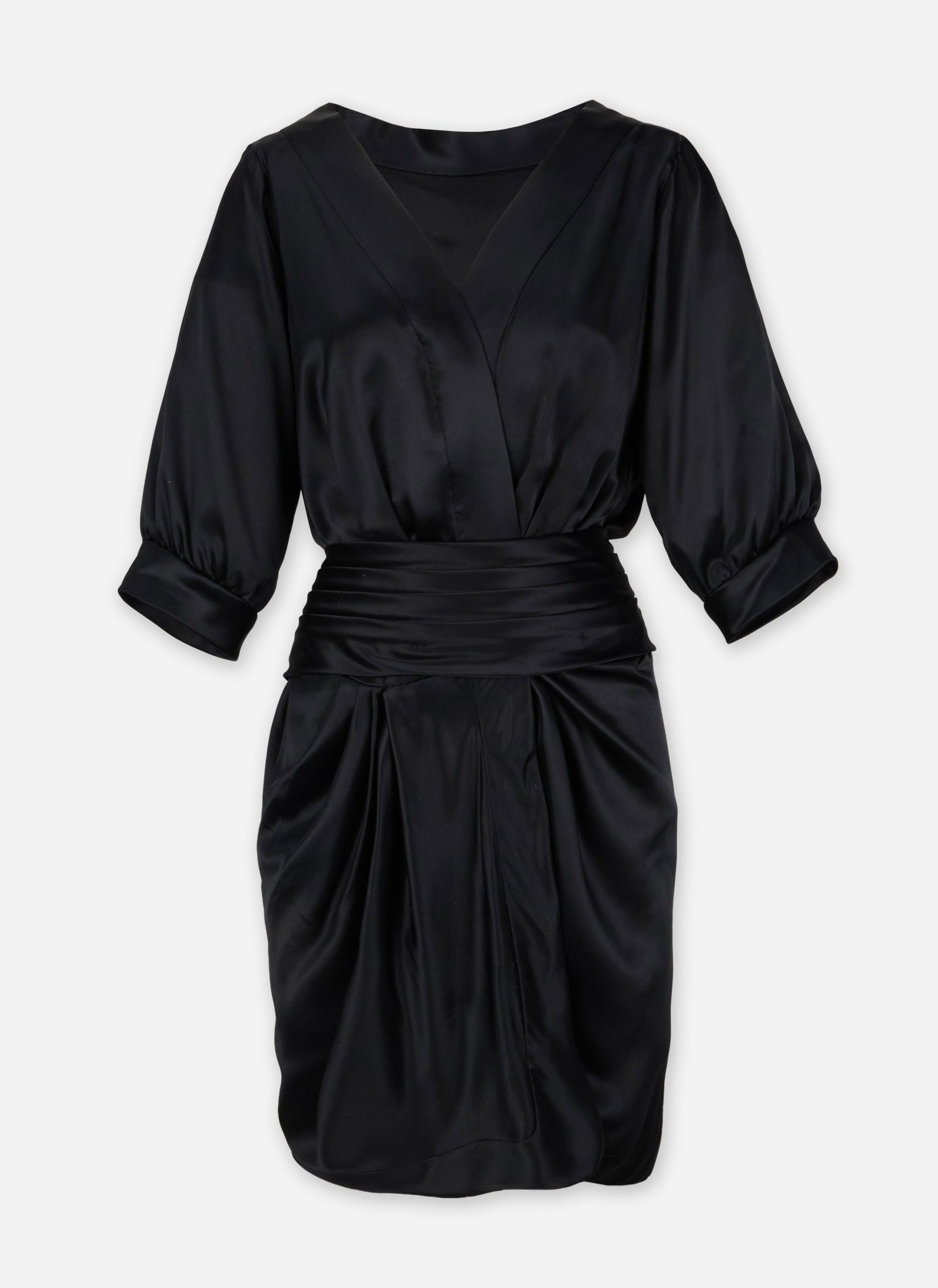 Yves Saint Laurent | 1986 Black Silk Dress: Yves Saint Laurent 1986 black silk cocktail dress from the collection of Cameron Silver. The mid-length silk dress features a deep V-neckline with draped crossover panels and three-quarter-length