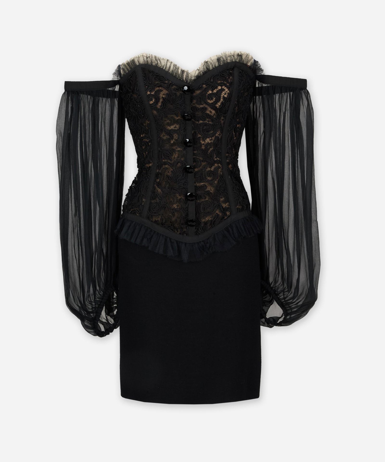 Saint Laurent | 1988 Bustier Dress: This is a ready-to-wear Saint Laurent lace bodice cocktail dress with black chiffon sleeves that fall off-the-shoulder. This is a ready-to-wear version of of a spring 1988 Yves Saint Laurent haute cou