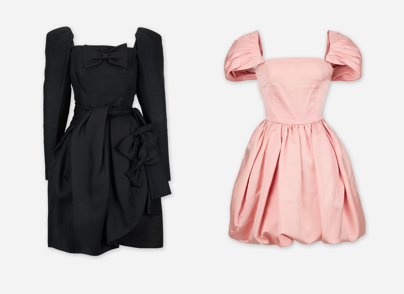 Yves Saint Laurent | Two Cocktail Dresses: A group of two Yves Saint Laurent cocktail dresses from the collection of Cameron Silver. The first dress is a long-sleeve cocktail dress featuring a square neckline and sculpted shoulders. The fitted