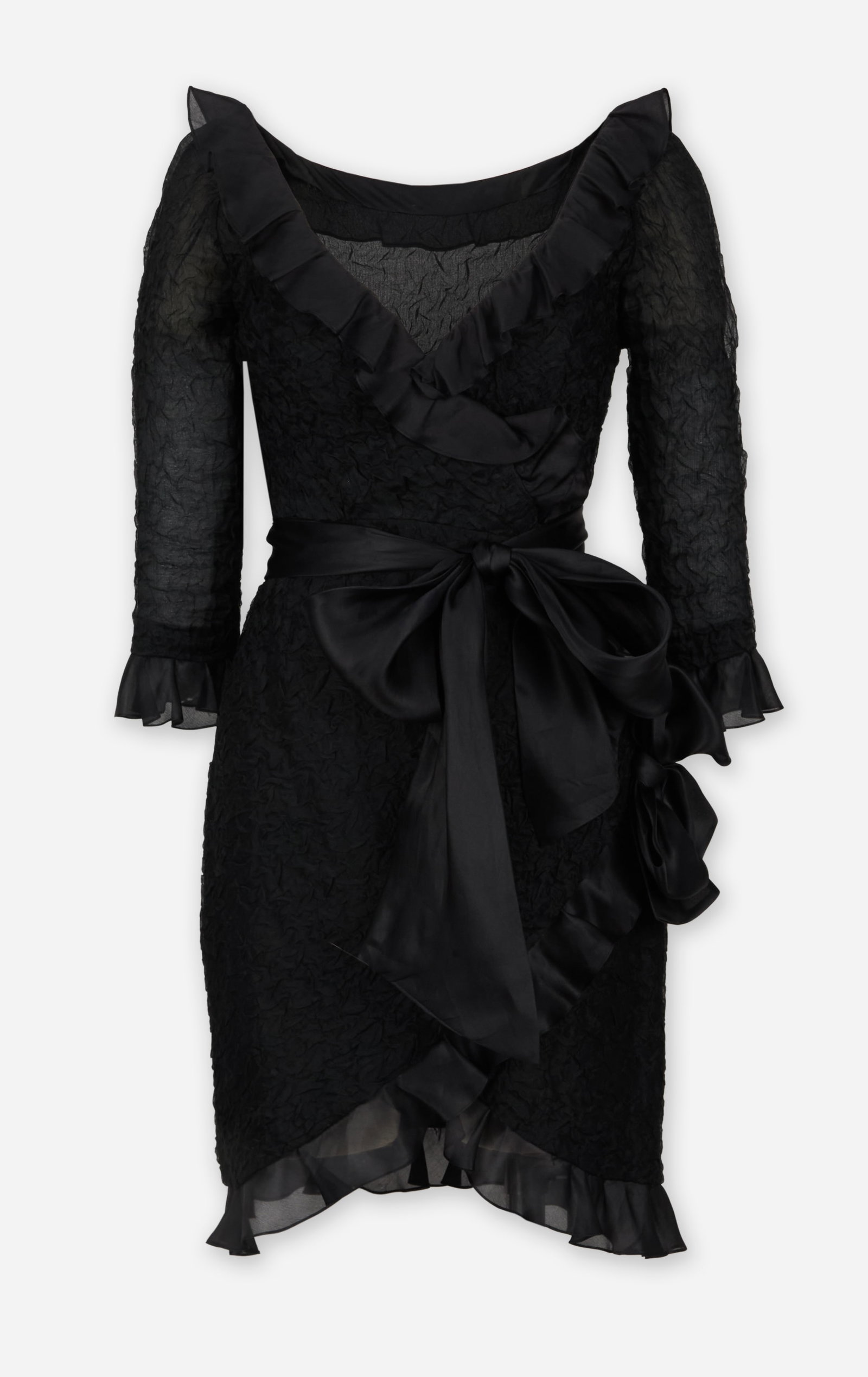 Saint Laurent | 1987 Spring Haute Couture Black Cocktail Dress: Yves Saint Laurent black cocktail dress from the 1987 Spring Summer Haute Couture collection. Click here for image. From the collection of Cameron Silver. Black wrap-style crinkled cocktail dress