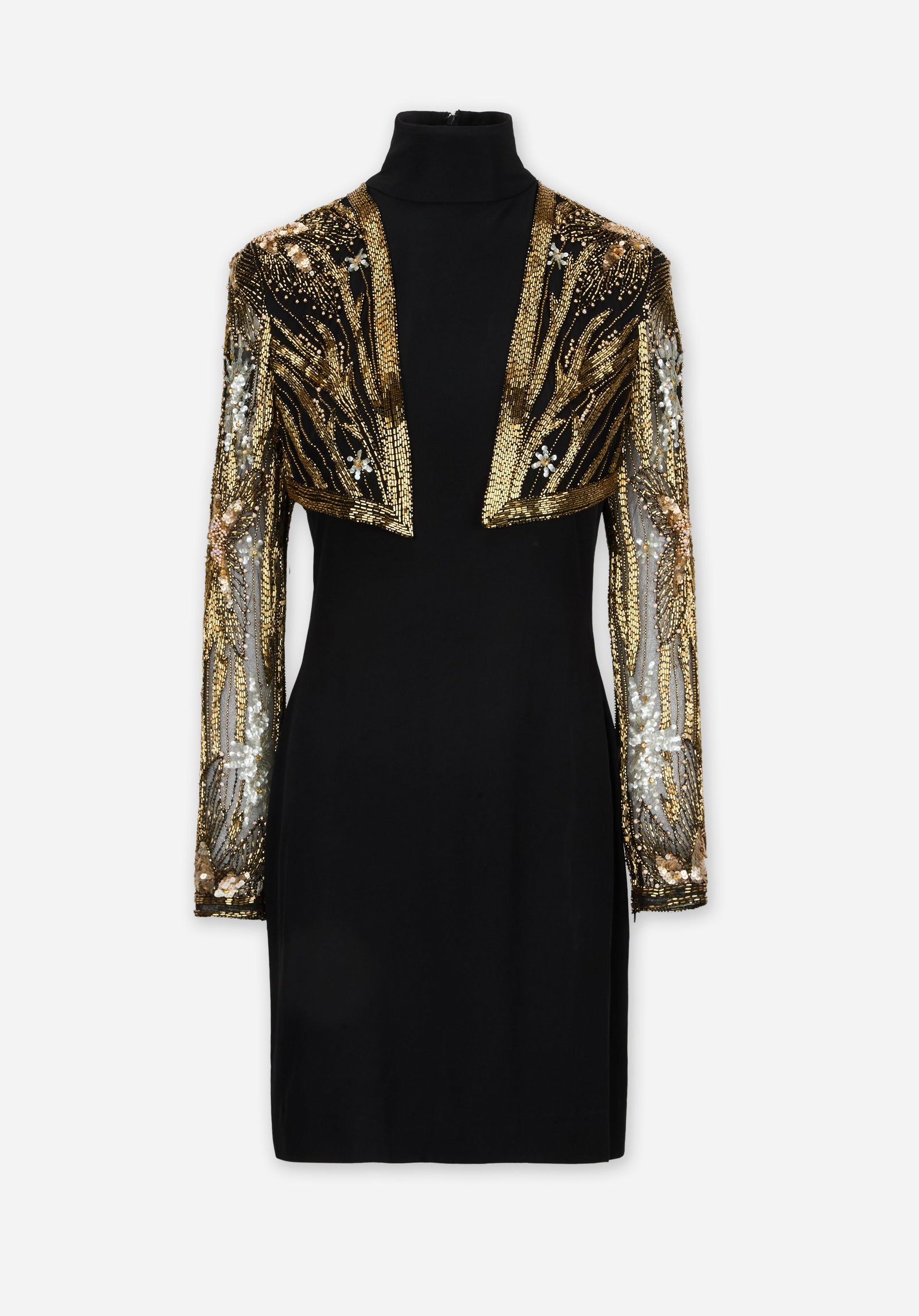 Bob Mackie | 1980s Beaded Bolero Dress: Bob Mackie 1980's vintage trompe l'oeil beaded bolero dress featuring extensive sequin The black mid-length cocktail dress features a bodice composed of 100% nylon and blend crepe, with the body in an