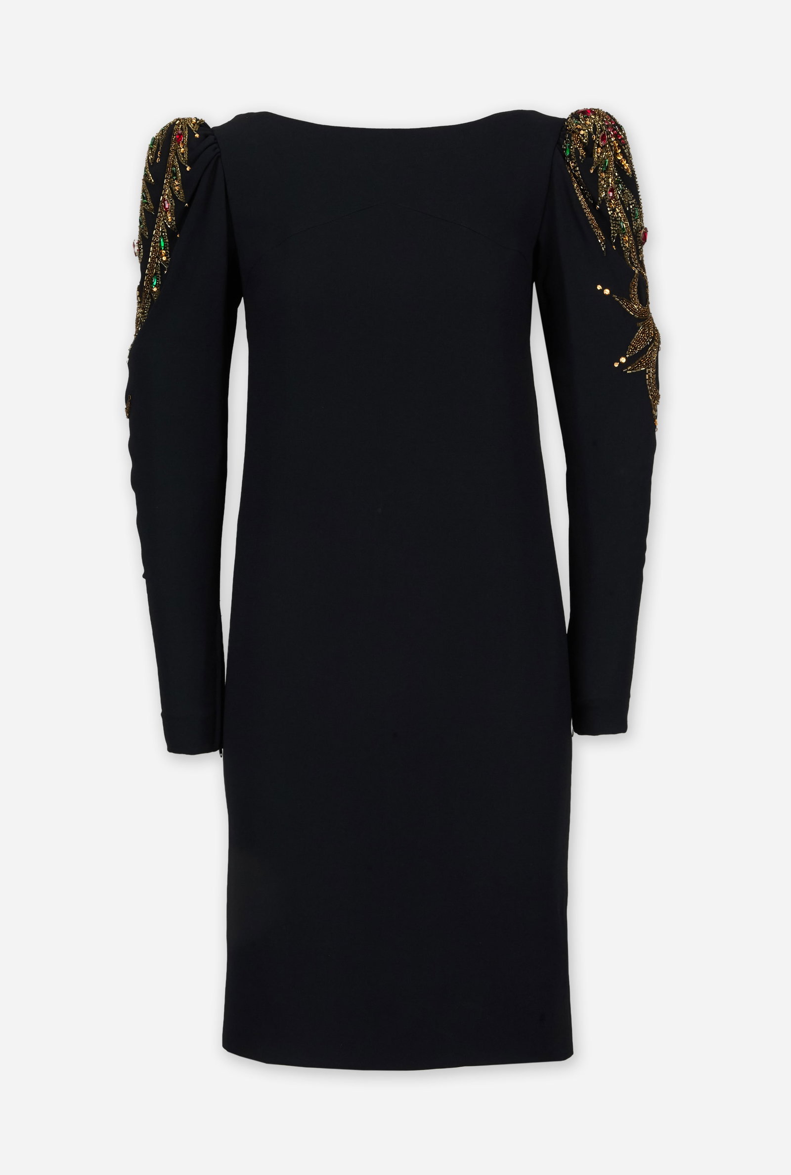 Bob Mackie | Embellished Black Dress: Bob Mackies mid-length embellished black dress. The dress is composed of a nylon blend and features a bateau neckline and long sleeves. The shoulders are embellished with gold beads, sequins, and mult