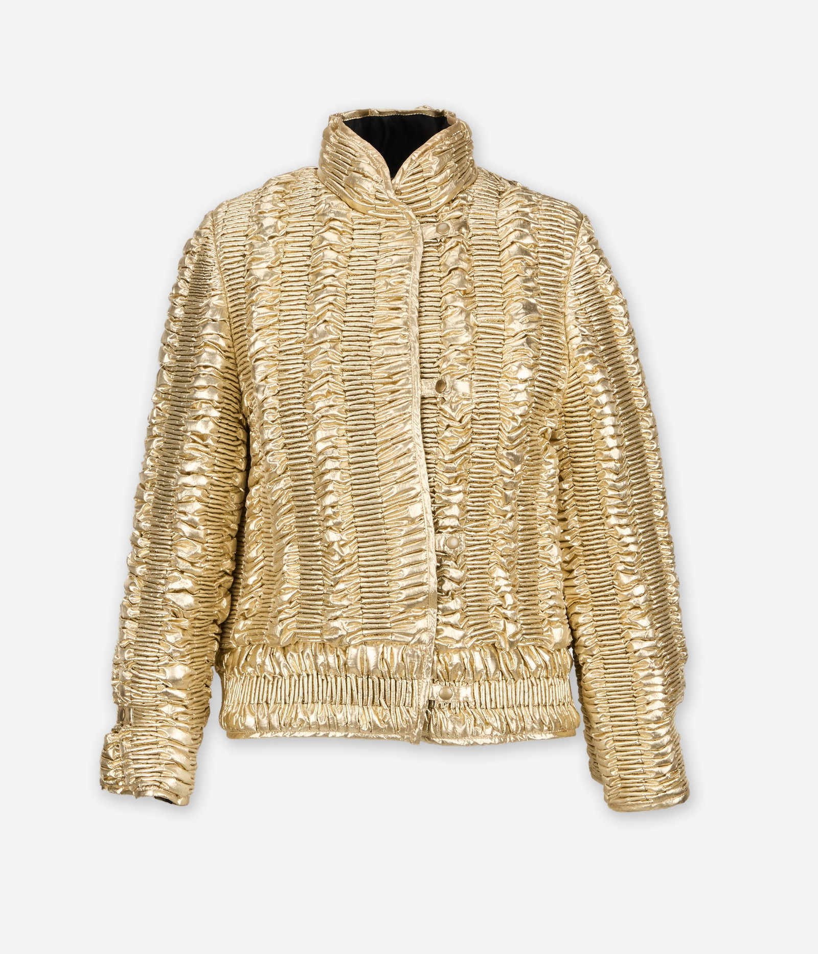 Krizia | 1980s Gold Ruched Jacket: Krizia 1980's metallic gold ruched jacket from the collection of Cameron Silver. The jacket is composed of a lurex fabric featuring an allover ruched texture, a sculptural stand collar, concealed