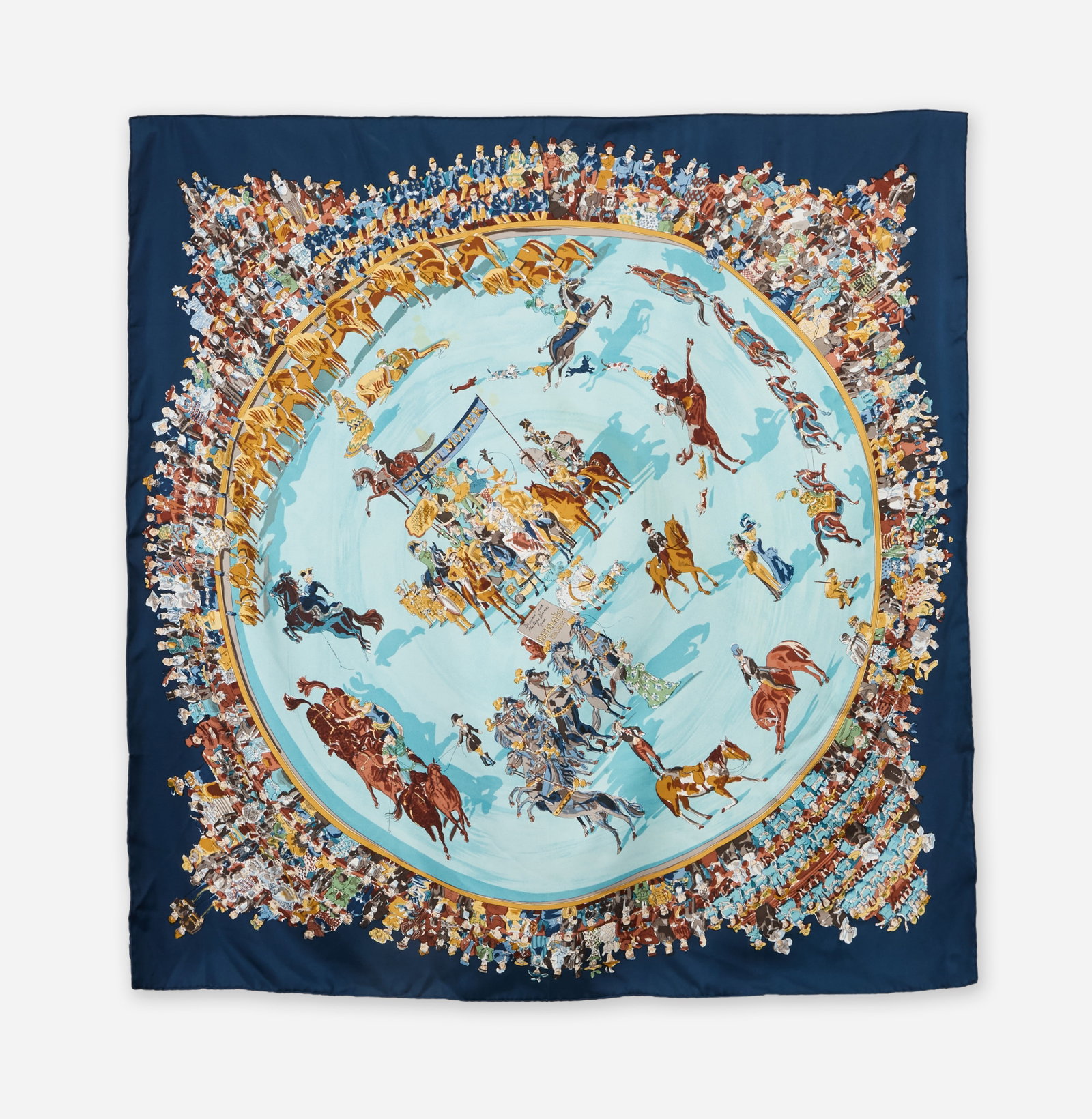 Hermès | "Le Cirque Molier" 90 Scarf: Hermès "Le Cirque Molier" 90 scarf, designed by Philippe Dumas, from the collection of Cameron Silver. The blue scarf is composed of 100% silk and features a whimsical, vibrant scene inspired