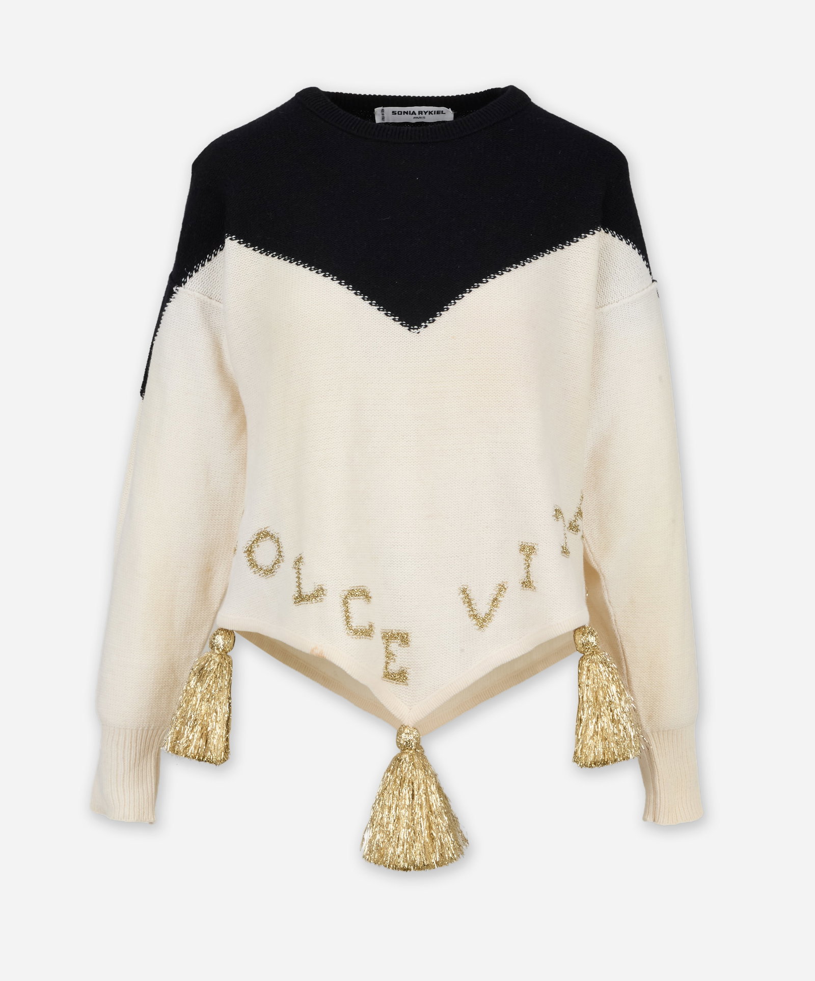Sonia Rykiel | 1980s Dolce Vita Novelty Sweater: A two-tone wool knit sweater designed by Sonia Rykiel from the late 1980s. The sweater has Dolce Vita woven bordering the hemline. The novelty design features three gold tassels on the hem. A Sonia