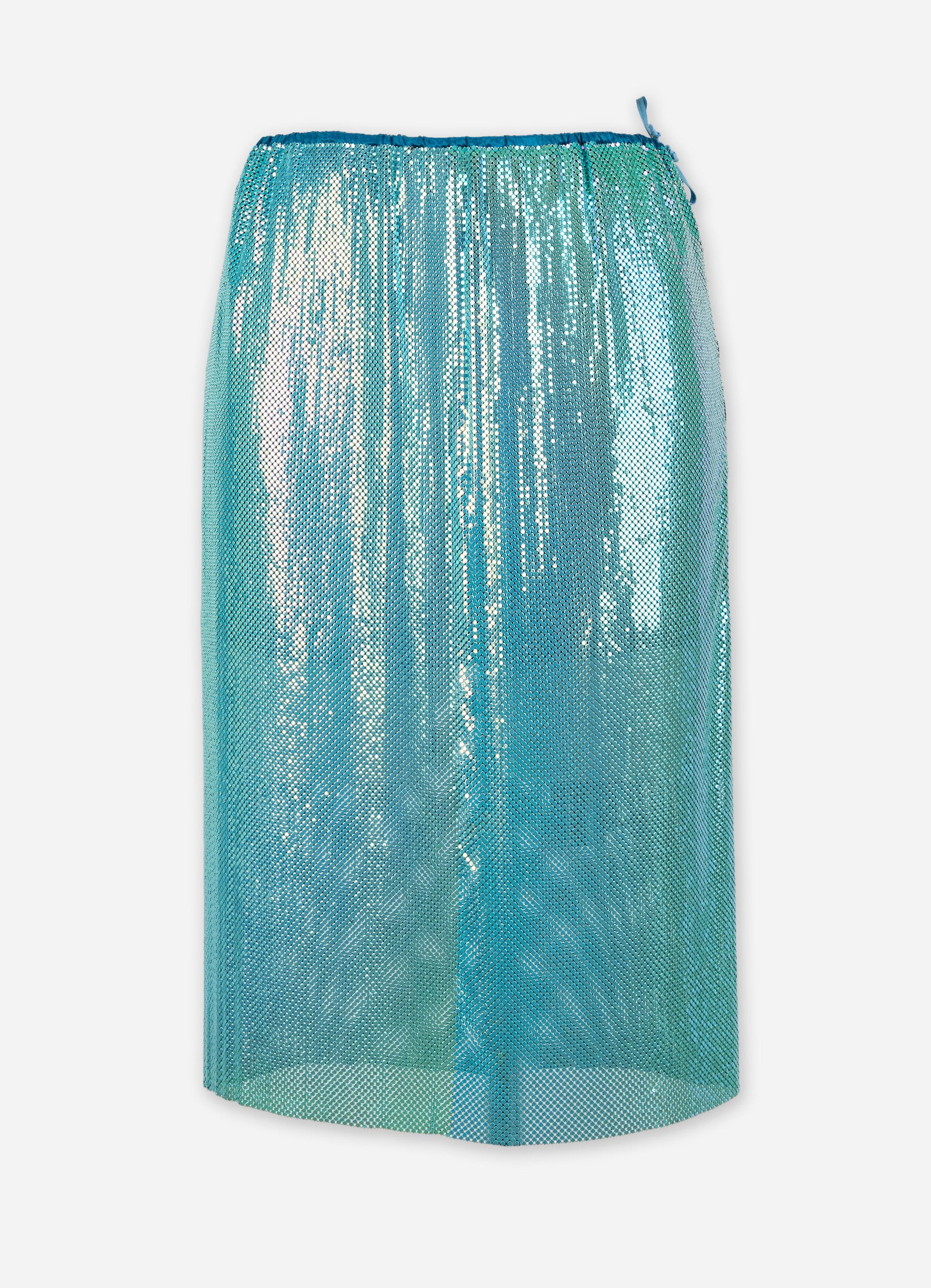 Ferrera | Aqua Chainmail Skirt: Ferrera aqua chainmail midi-skirt from the collection of Cameron Silver. The skirt is composed of iridescent aqua chainmail mesh. It features a left-side slit and a side zipper closure and is lined