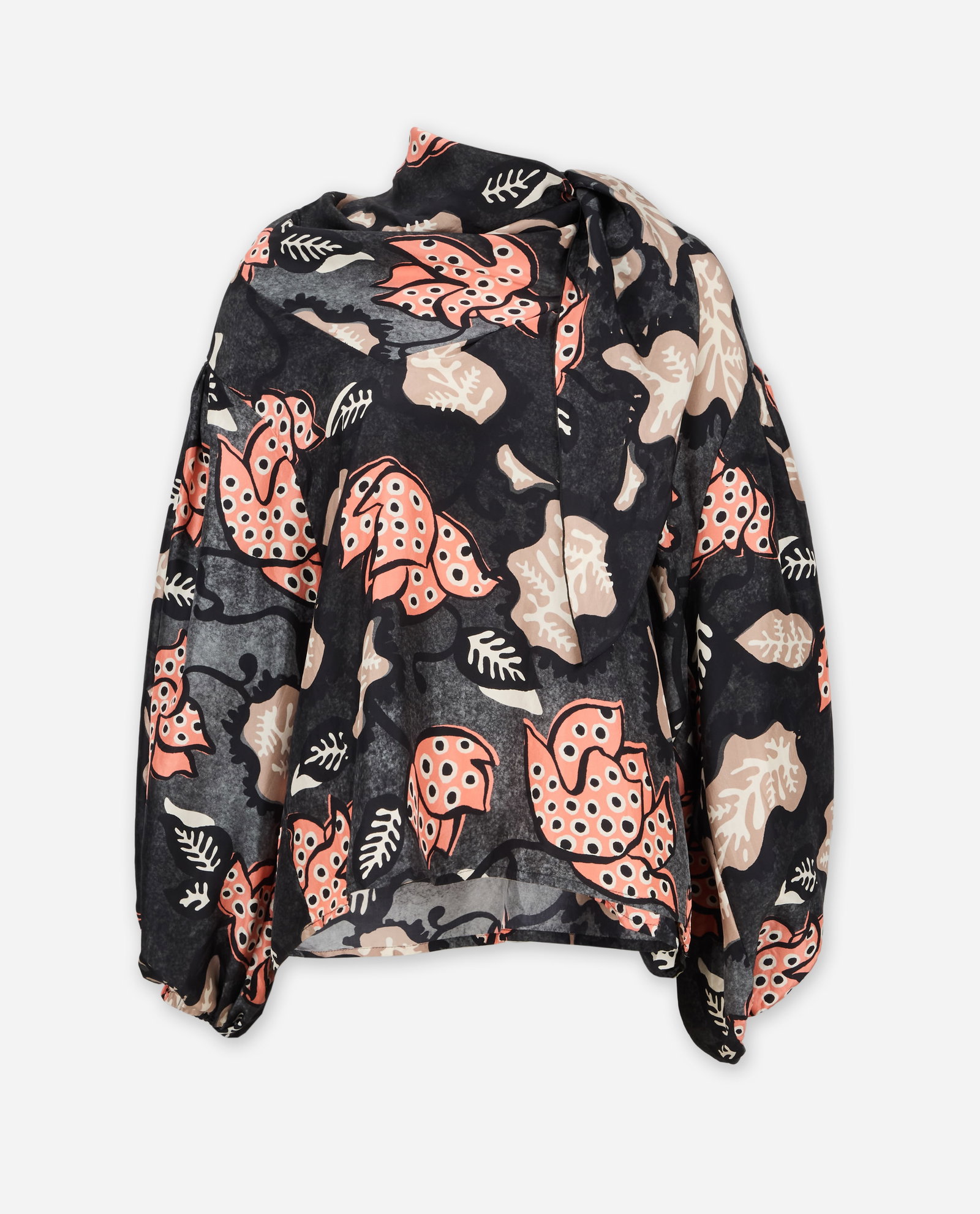Marc Jacobs | Abstract Floral Tie-Neck Blouse: Abstract unlabeled Marc Jacobs oversized floral tie-neck blouse. The blouse features an abstract floral motif in shades of coral, beige, ivory, charcoal, and black. It is designed with a dramatic