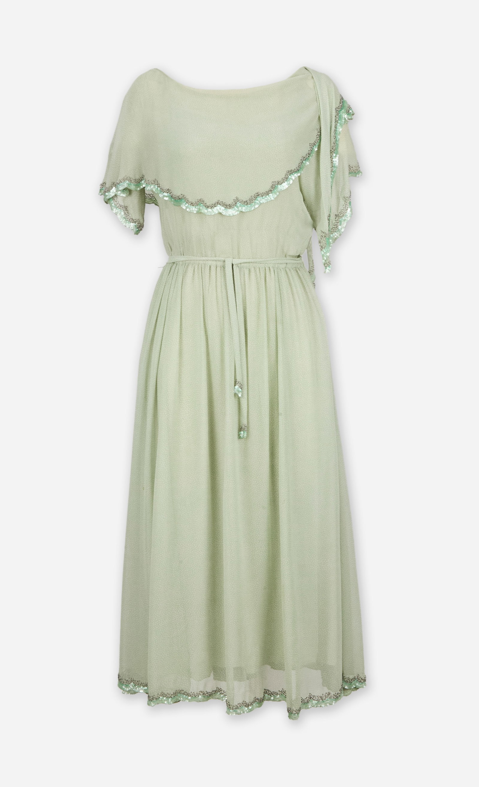 Chloé | 1975 Spring Silk Chiffon Dress: Chloé silk chiffon seafoam green sequin trim dress from the Spring/Summer 1975 ready to wear collection designed by Karl Lagerfeld. Click here for image. The dress features a wide bateau