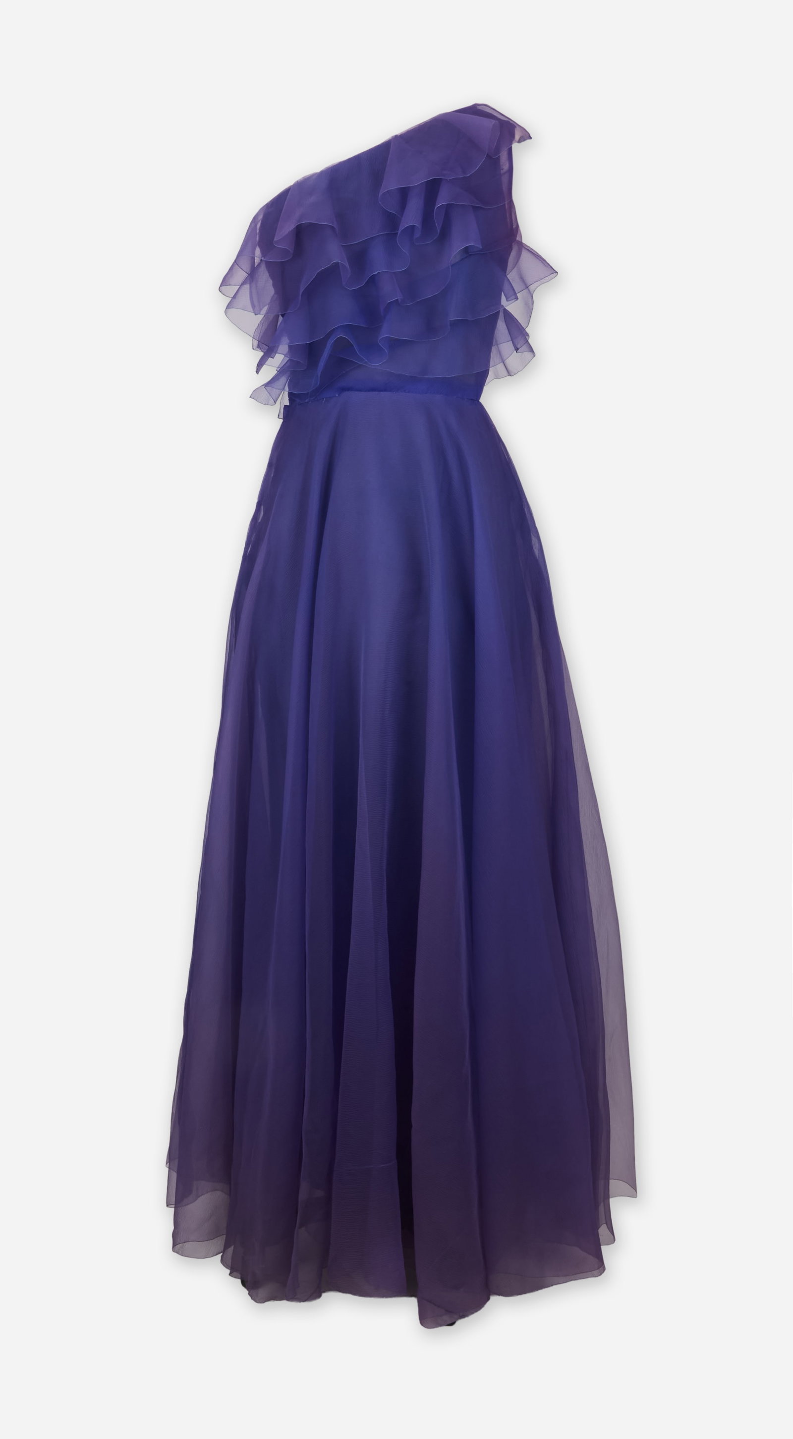 Christian Dior | 1972 Marc Bohan Gown: This is a haute couture evening gown designed by Marc Bohan from the fall 1972 runway collection, composed of a violet silk organza accented with a matching ruffled shawl. This 70s airy romantic