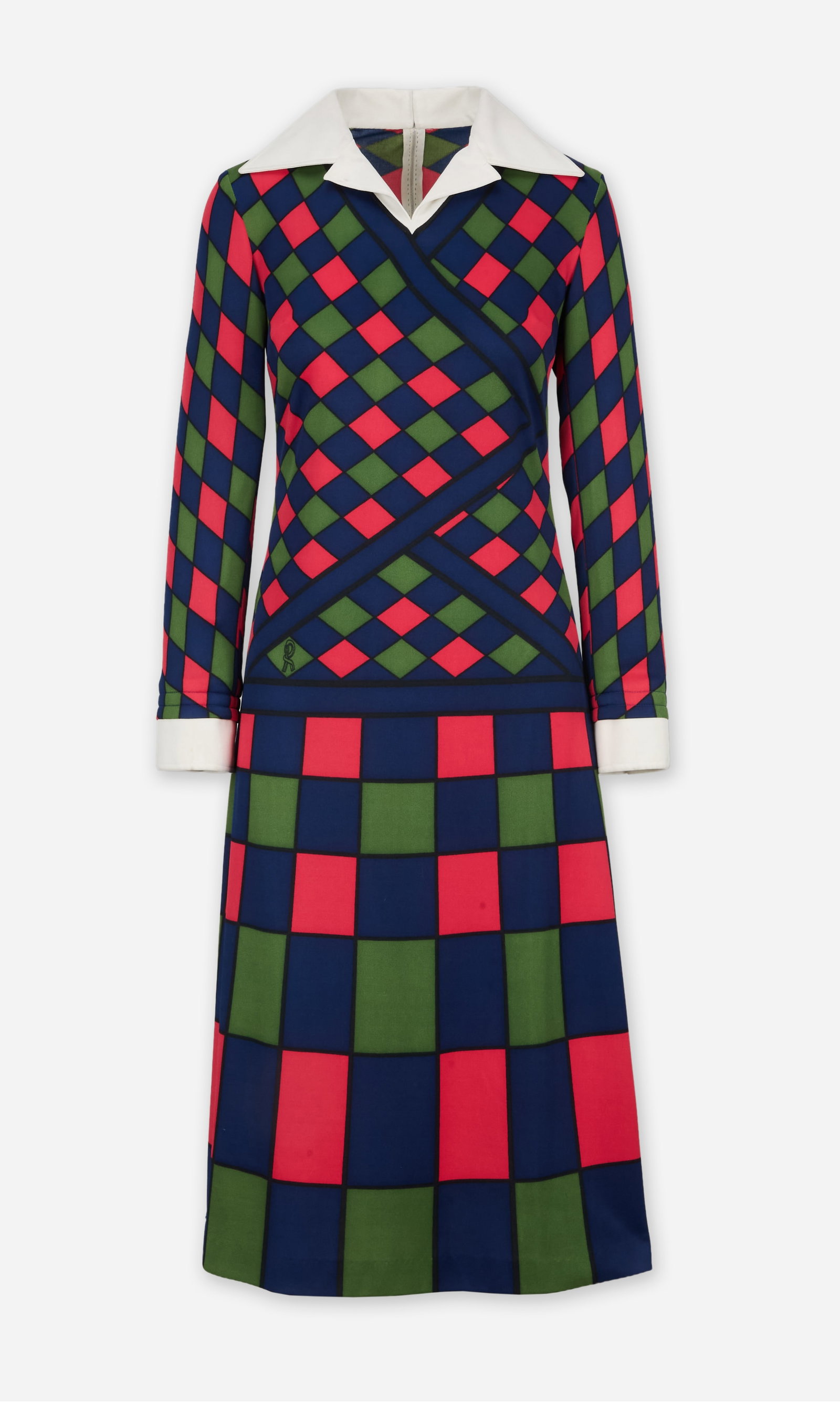 Roberta Di Camerino | 1970s Geometric Checkered Print Collared Dress: Roberta Di Camerino 1970's geometric print collared dress from the collection of Cameron Silver. The long sleeve maxi dress is composed of a polyester blend and features a bold geometric checkered