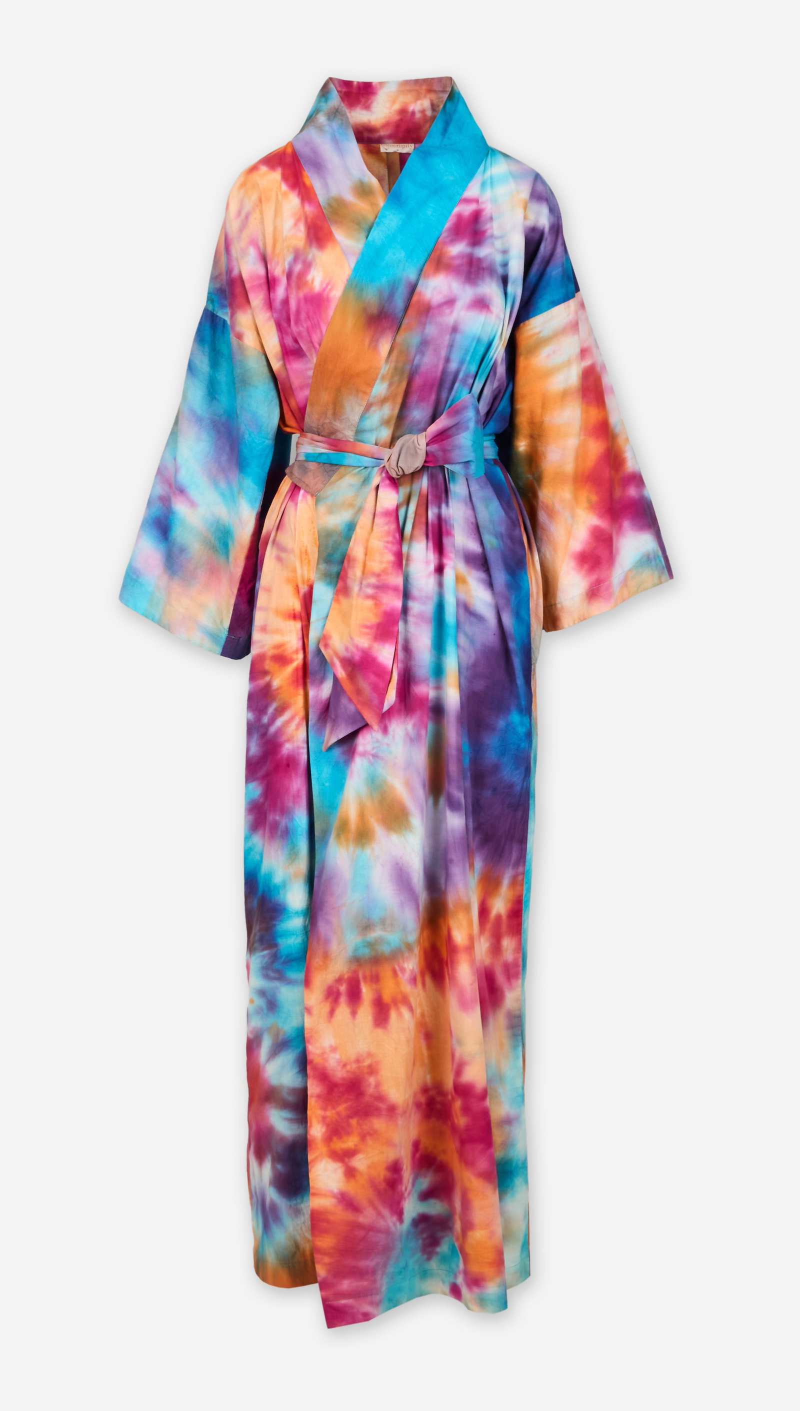 Serendipity | 1970s Tie-Dye Robe: Serendipity tie-dye full-length robe circa 1970s from the collection of Cameron Silver. The robe is composed of cotton and features vibrant multi-color tie-dye pattern. Designed with a shawl collar,