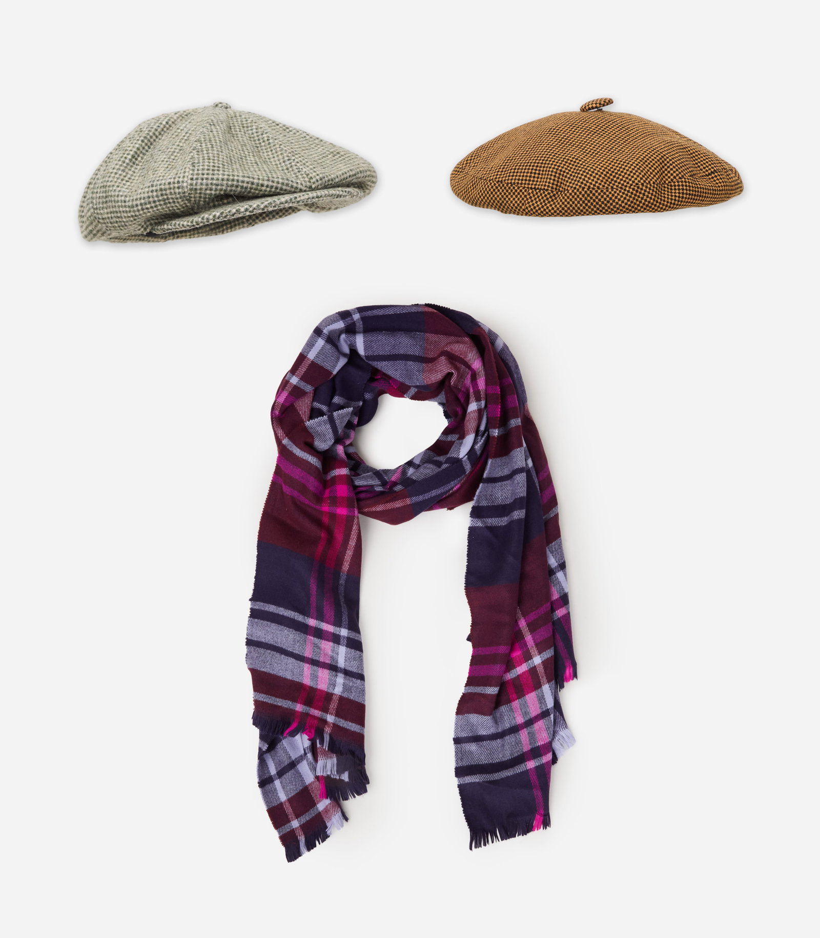 Accessories | Two Wool Hats and Plaid Cashmere Shawl: This lot consists of three accessories, two check hats (both composed of wool) and purple colorway cashmere fringe shawl. One hat is a beret style with an orange and black check pattern, lined with a