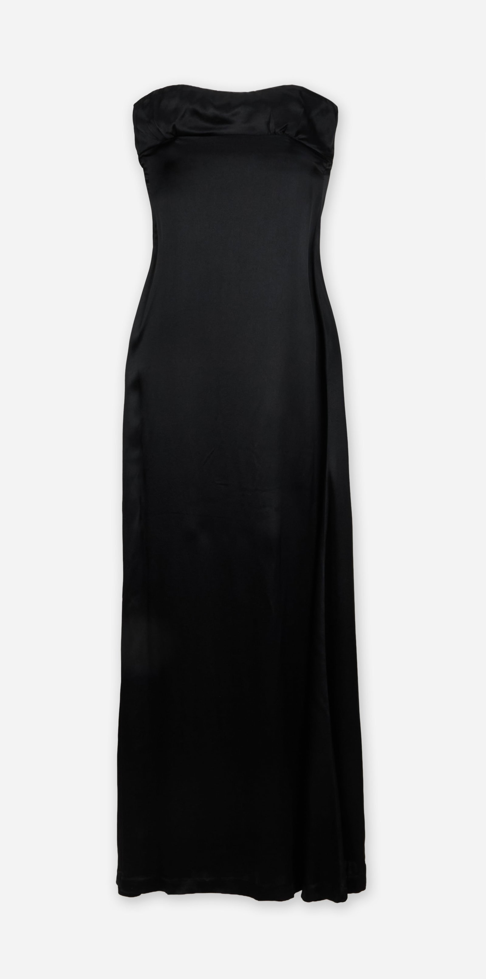 Biba | Black Strapless Column Gown: Biba black strapless column gown from the collection of Cameron Silver. The satin black floor-length gown features a strapless neckline with a softly draped fold-over band across the bust. The fitted